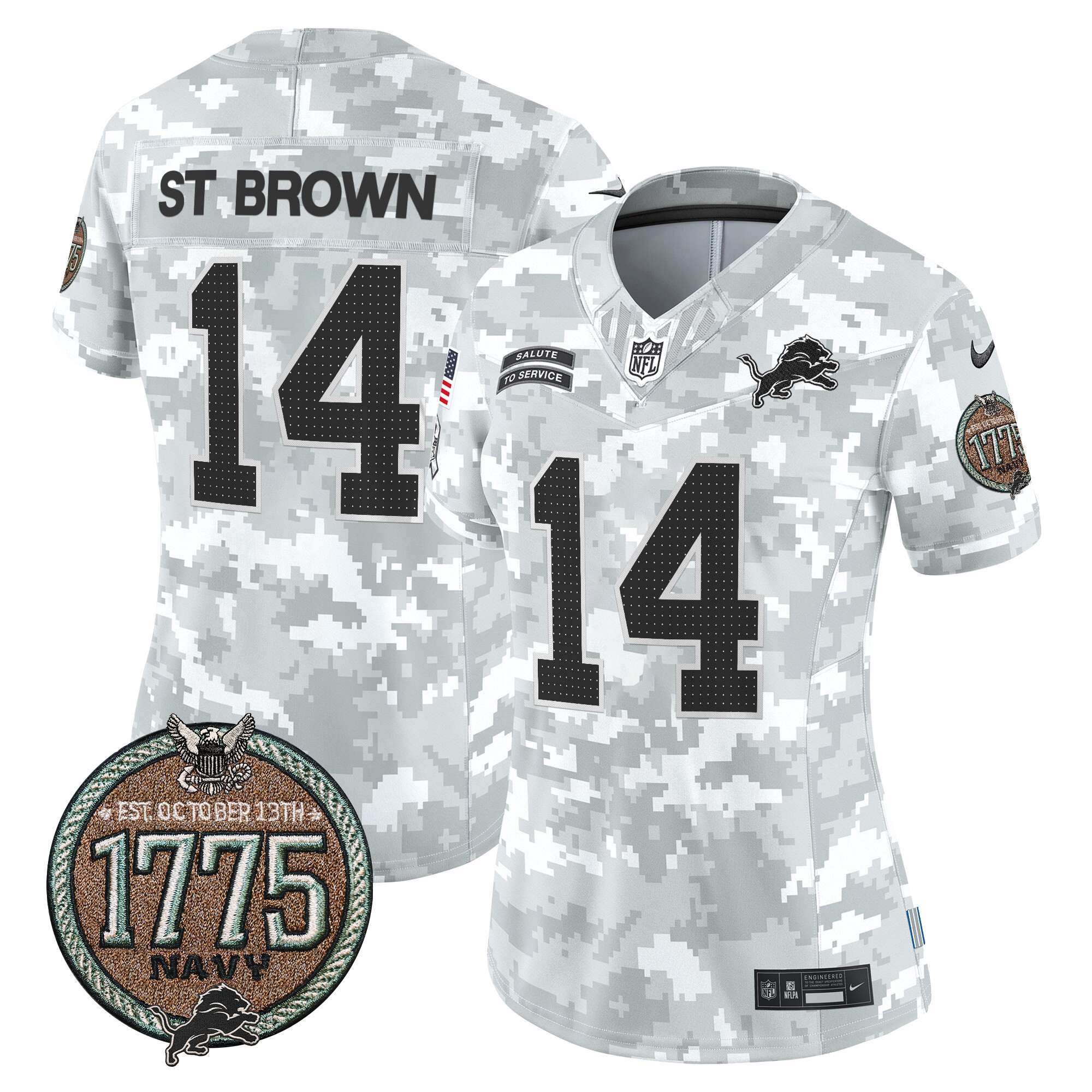 Women's St. Brown Detroit Lions 2024 Salute to Service Establishment Year Patch Vapor Limited Navy Jersey - All Stitched