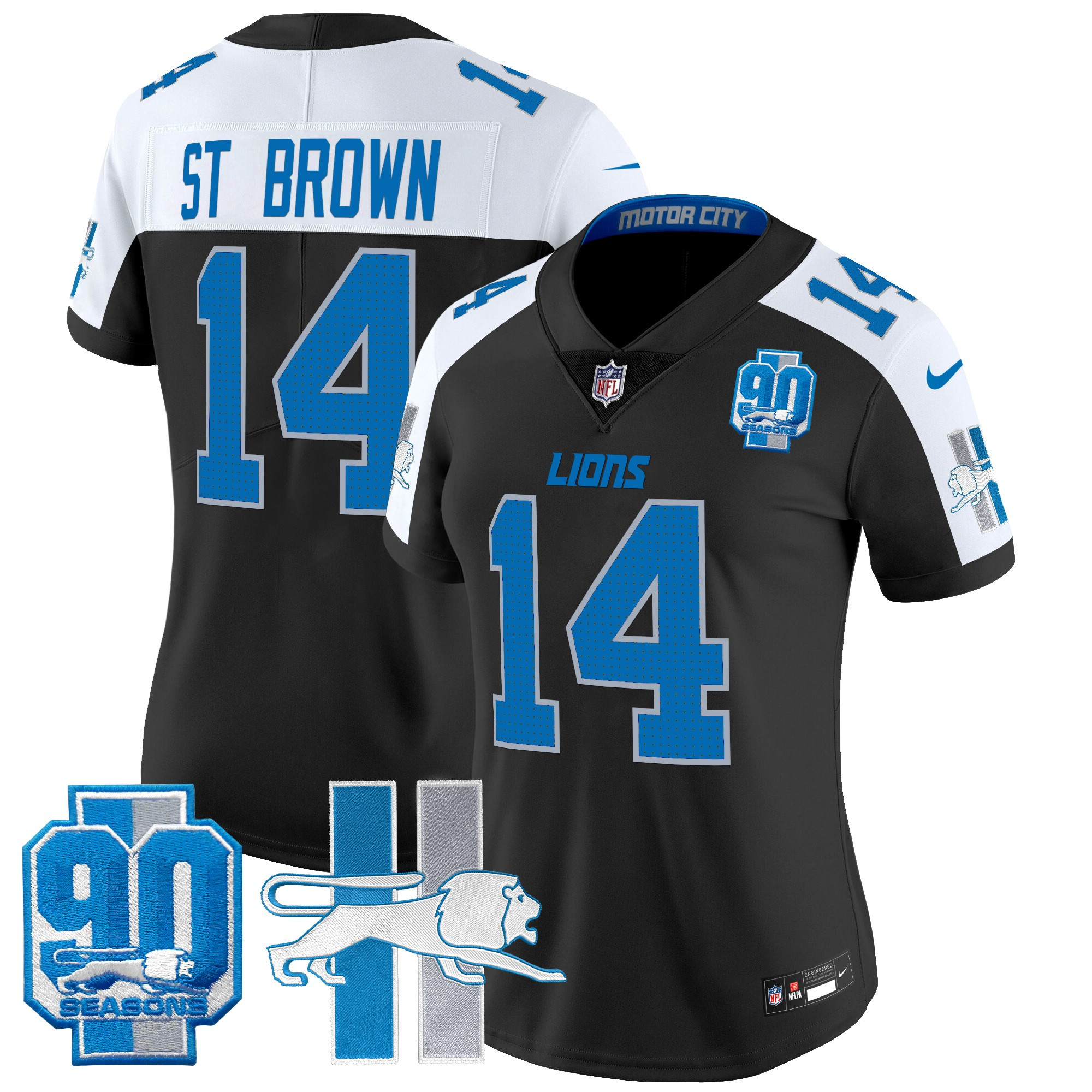 Women's St. Brown Detroit Lions Throwback 90th Year Patch Vapor Limited Black Alternate Jersey - All Stitched