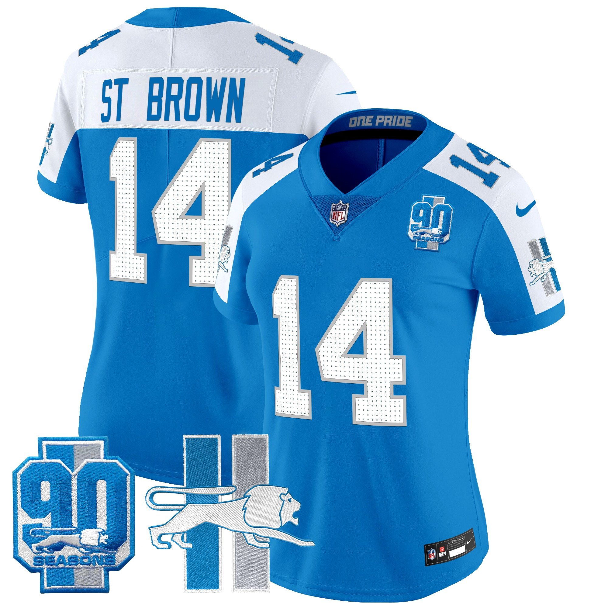 Women's St. Brown Detroit Lions Throwback 90th Year Patch Vapor Limited Blue Alternate Jersey - All Stitched