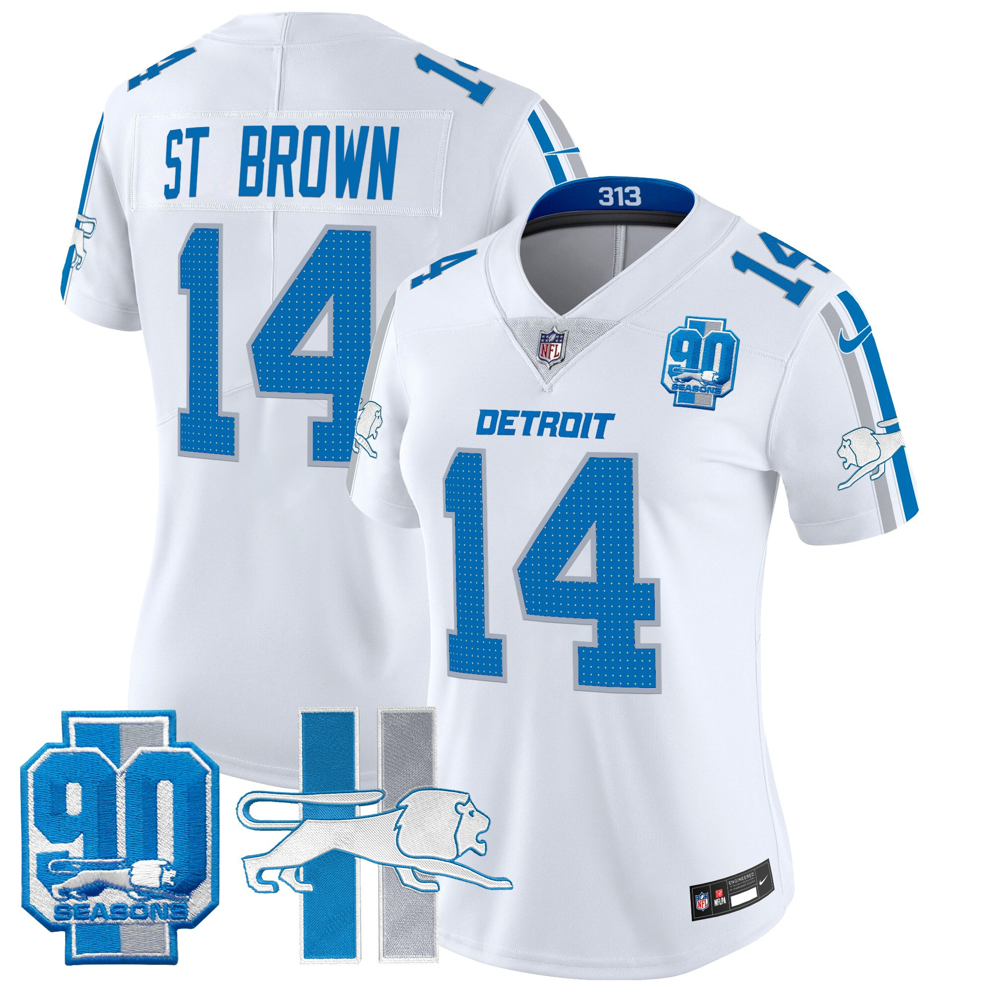 Women's St. Brown Detroit Lions Throwback 90th Year Patch Vapor Limited White Jersey - All Stitched