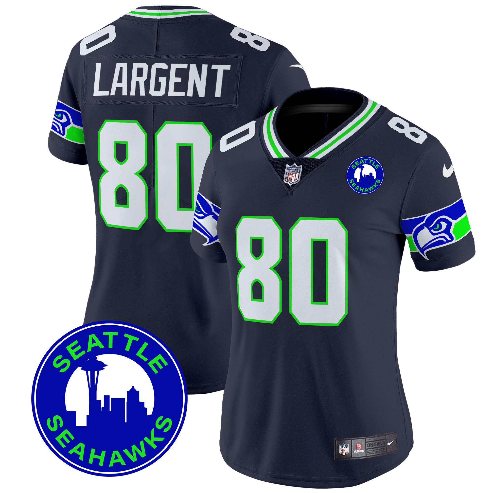 Women's Steve Largent Seattle Seahawks 2024 Seattle City Patch Vapor Limited Navy Jersey - All Stitched