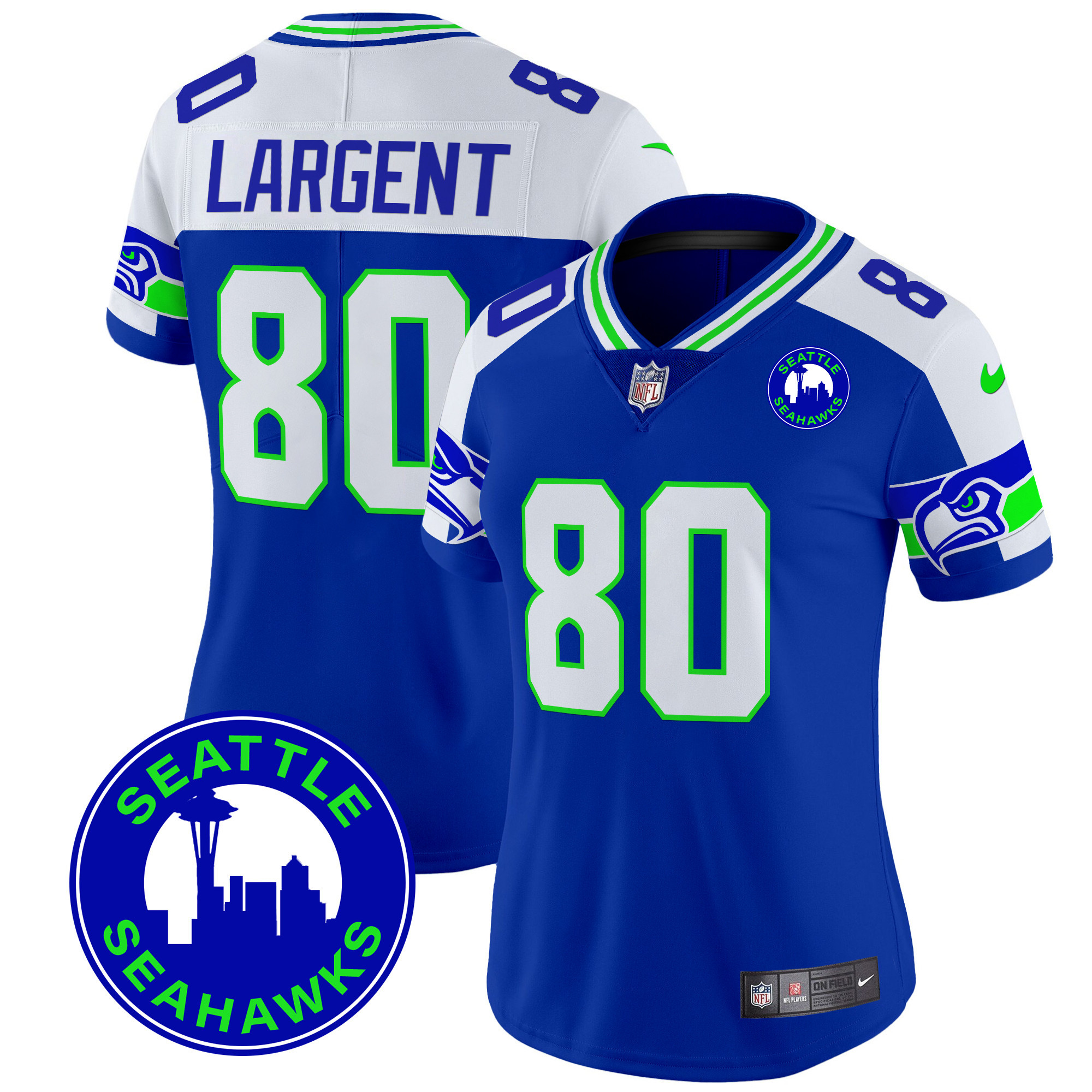 Women's Steve Largent Seattle Seahawks 2024 Seattle City Patch Vapor Limited Royal Alternate Jersey - All Stitched