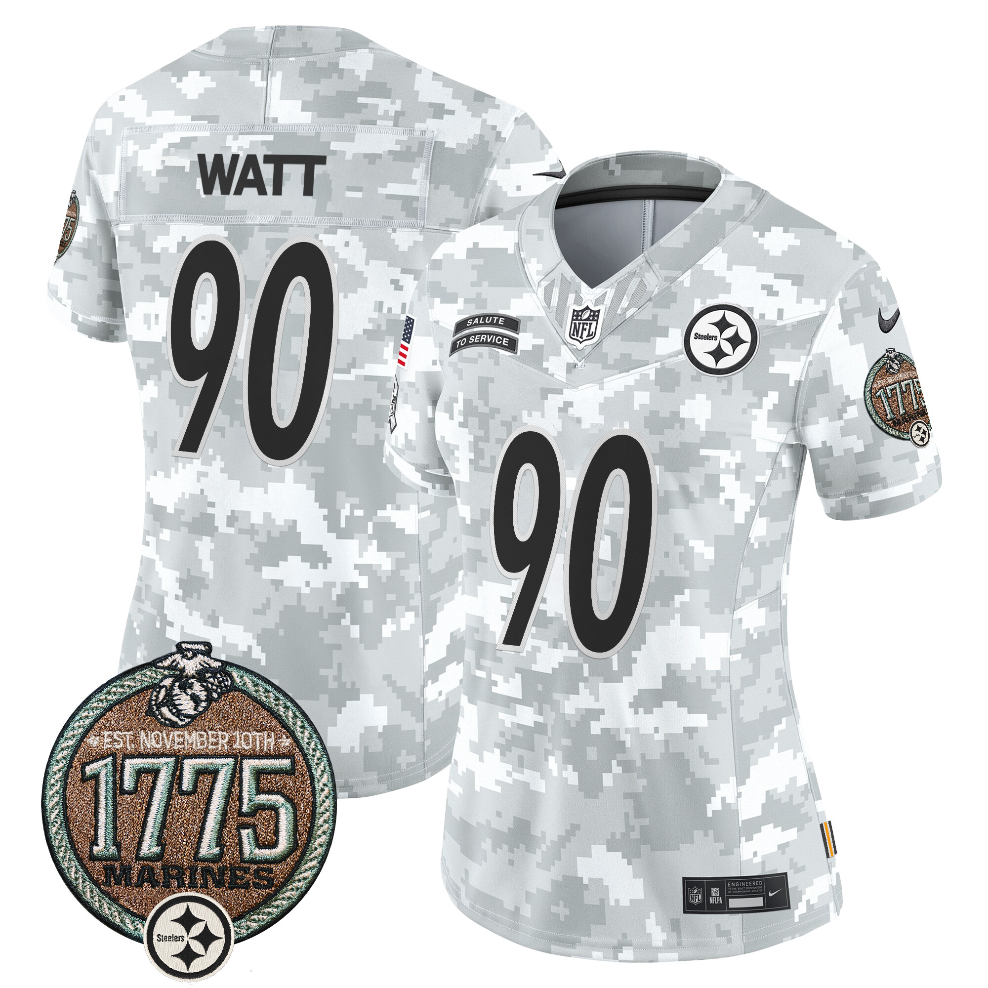 Women's T. J. Watt Pittsburgh Steelers 2024 Salute to Service Establishment Year Patch Vapor Limited Marines Jersey - All Stitched