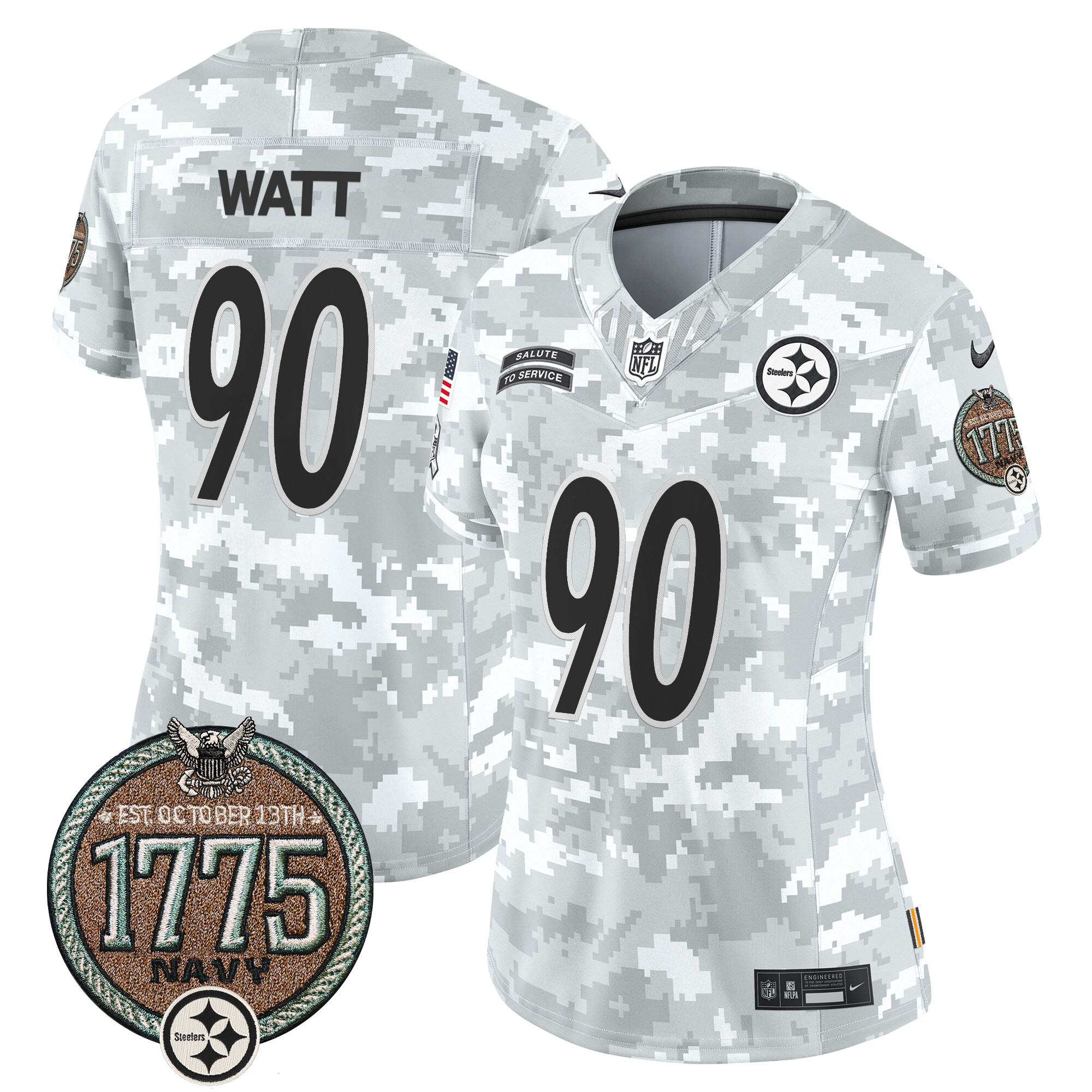 Women's T. J. Watt Pittsburgh Steelers 2024 Salute to Service Establishment Year Patch Vapor Limited Navy Jersey - All Stitched