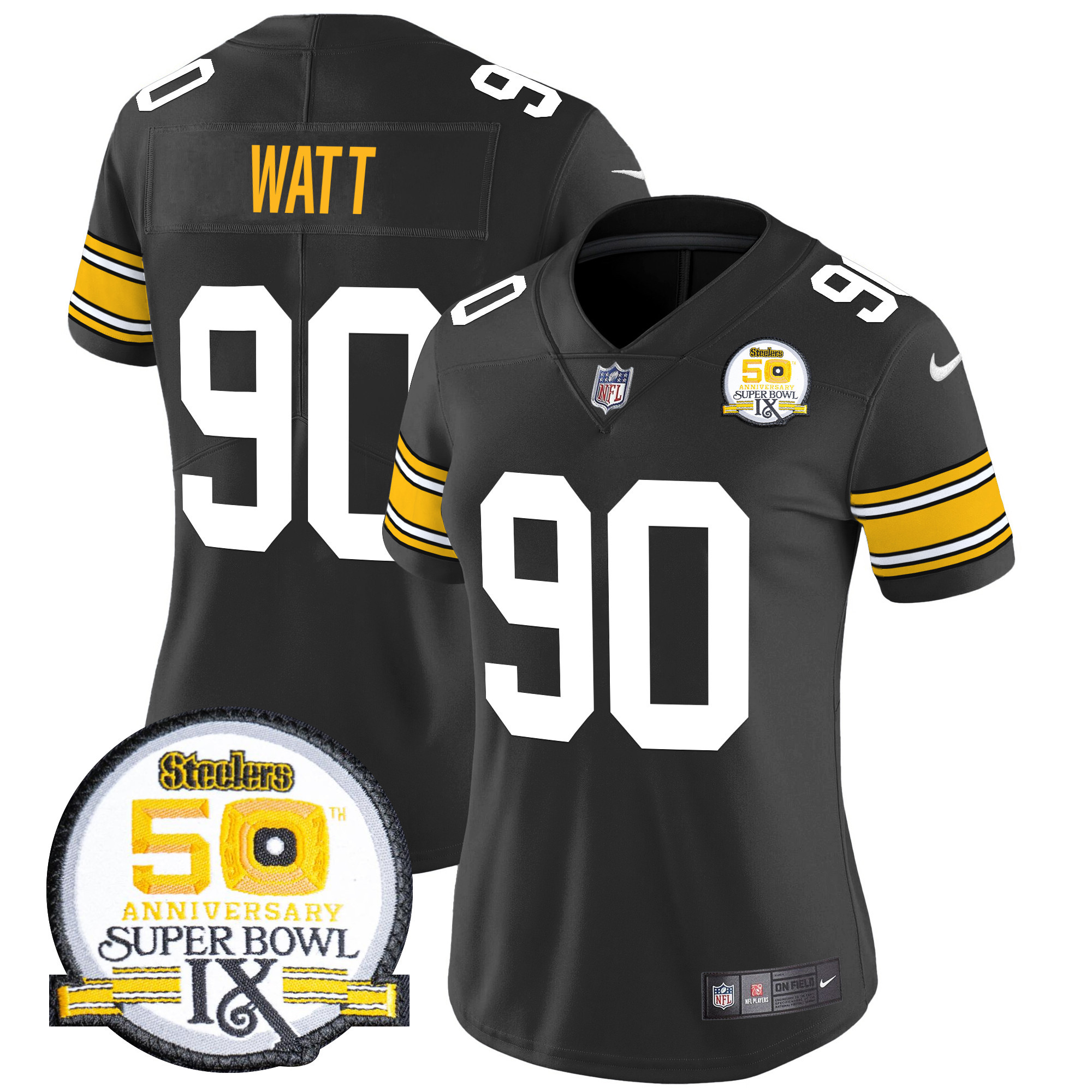Women's T. J. Watt Pittsburgh Steelers 50th Anniversary Of Super Bowl IX Patch Vapor Limited 1975 Throwback Jersey - All Stitched