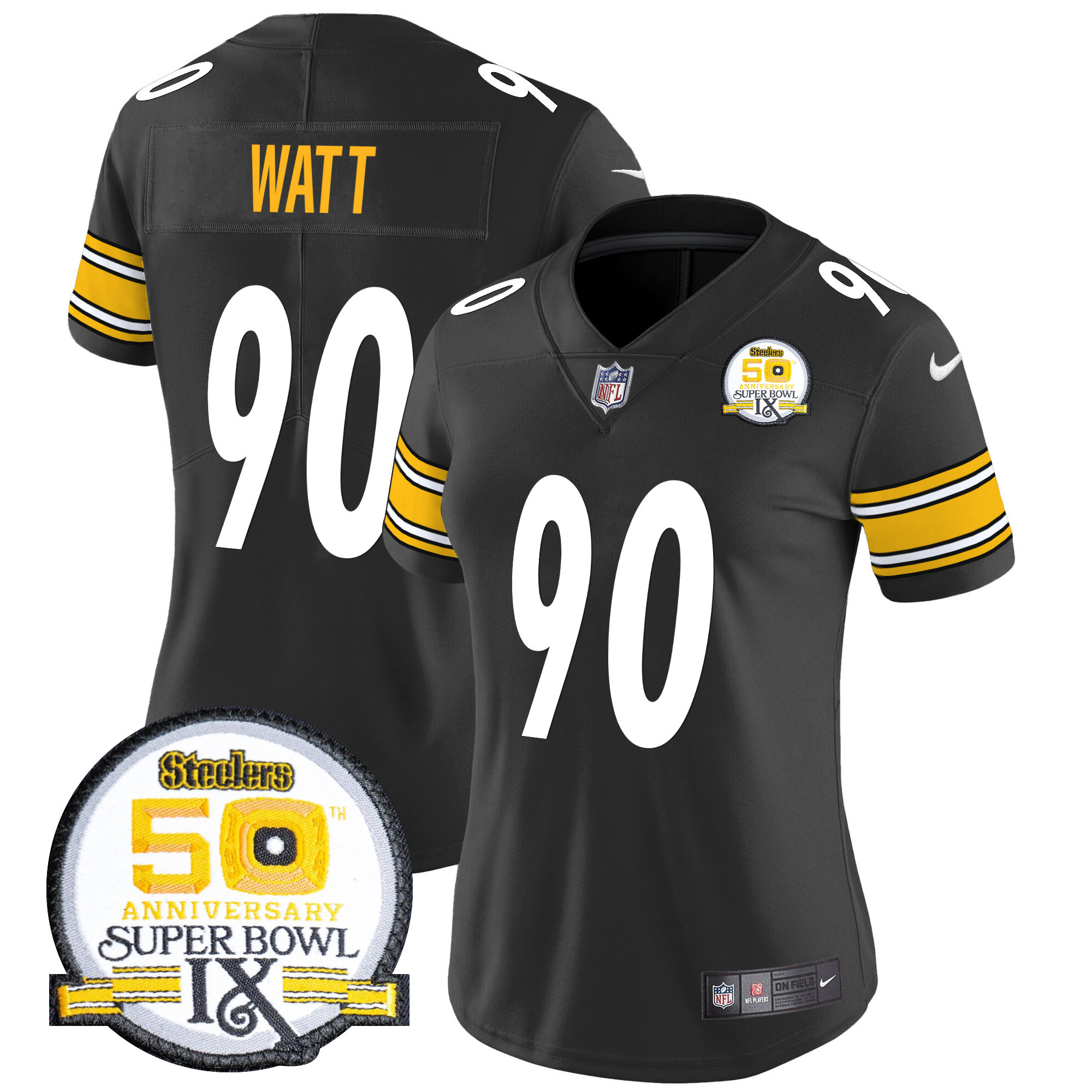 Women's T. J. Watt Pittsburgh Steelers 50th Anniversary Of Super Bowl IX Patch Vapor Limited Black Jersey - All Stitched