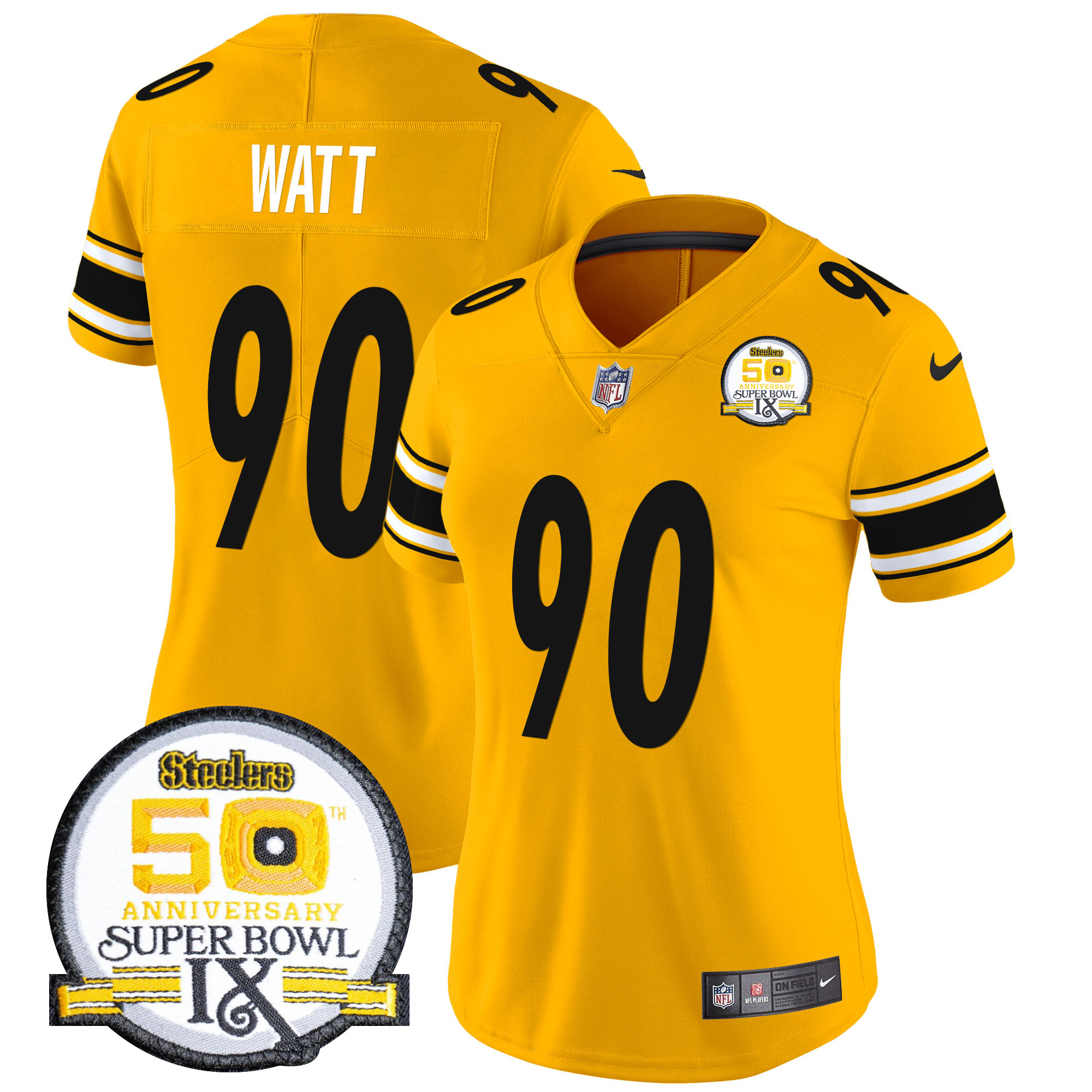 Women's T. J. Watt Pittsburgh Steelers 50th Anniversary Of Super Bowl IX Patch Vapor Limited Gold Jersey - All Stitched