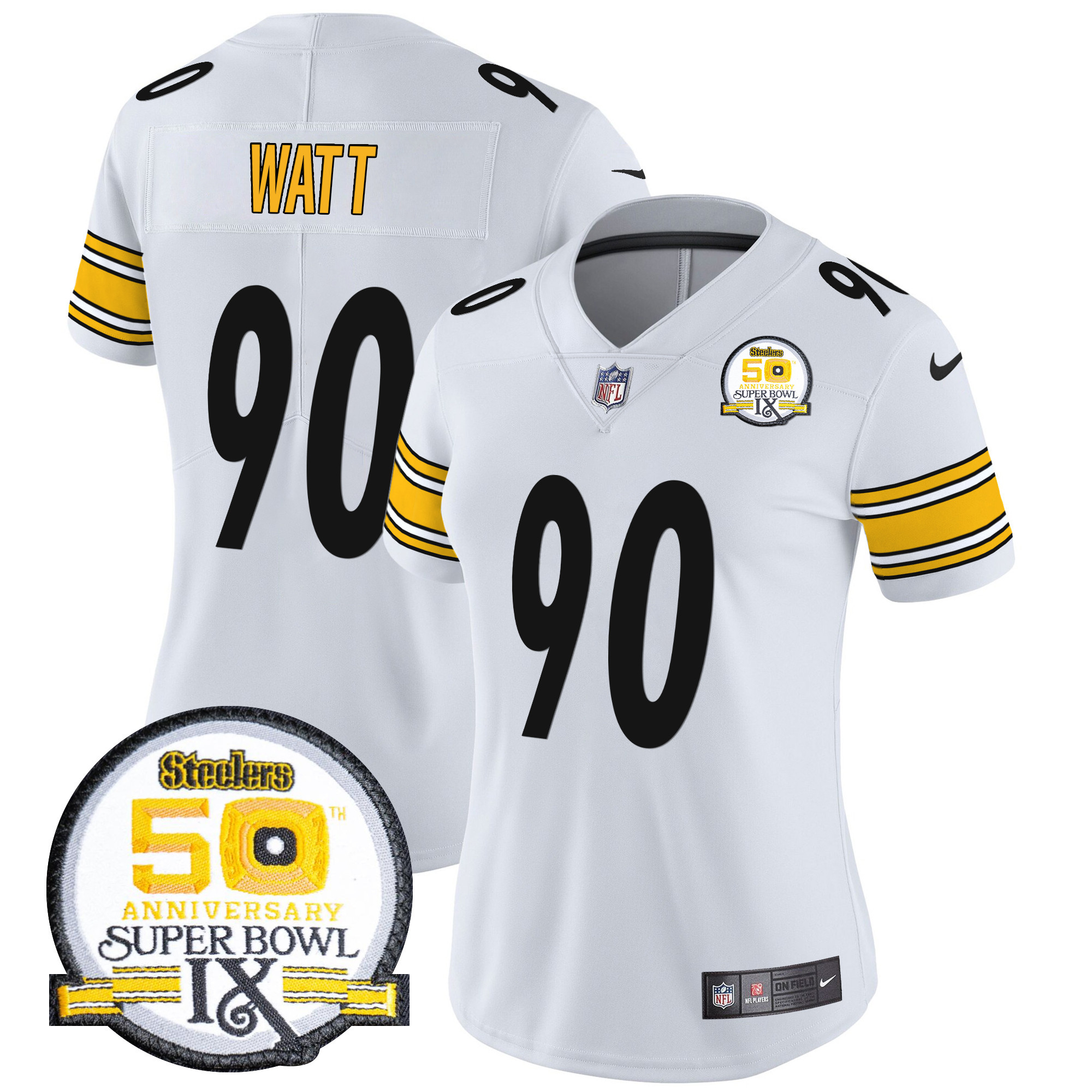 Women's T. J. Watt Pittsburgh Steelers 50th Anniversary Of Super Bowl IX Patch Vapor Limited White Jersey - All Stitched