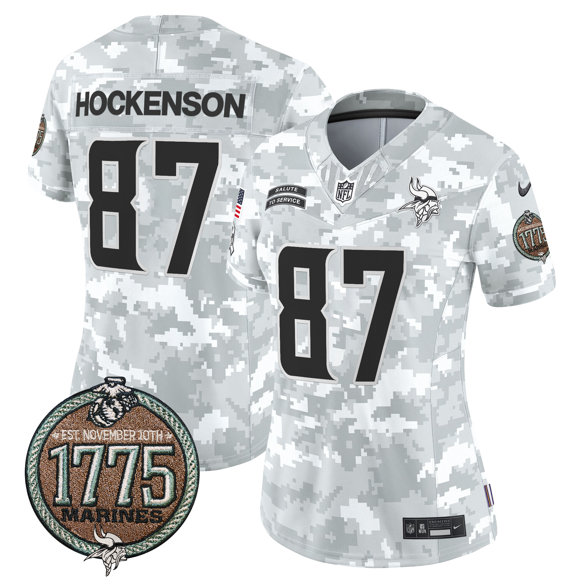 Women's T.J. Hockenson Minnesota Vikings 2024 Salute to Service Establishment Year Patch Vapor Limited Marines Jersey - All Stitched