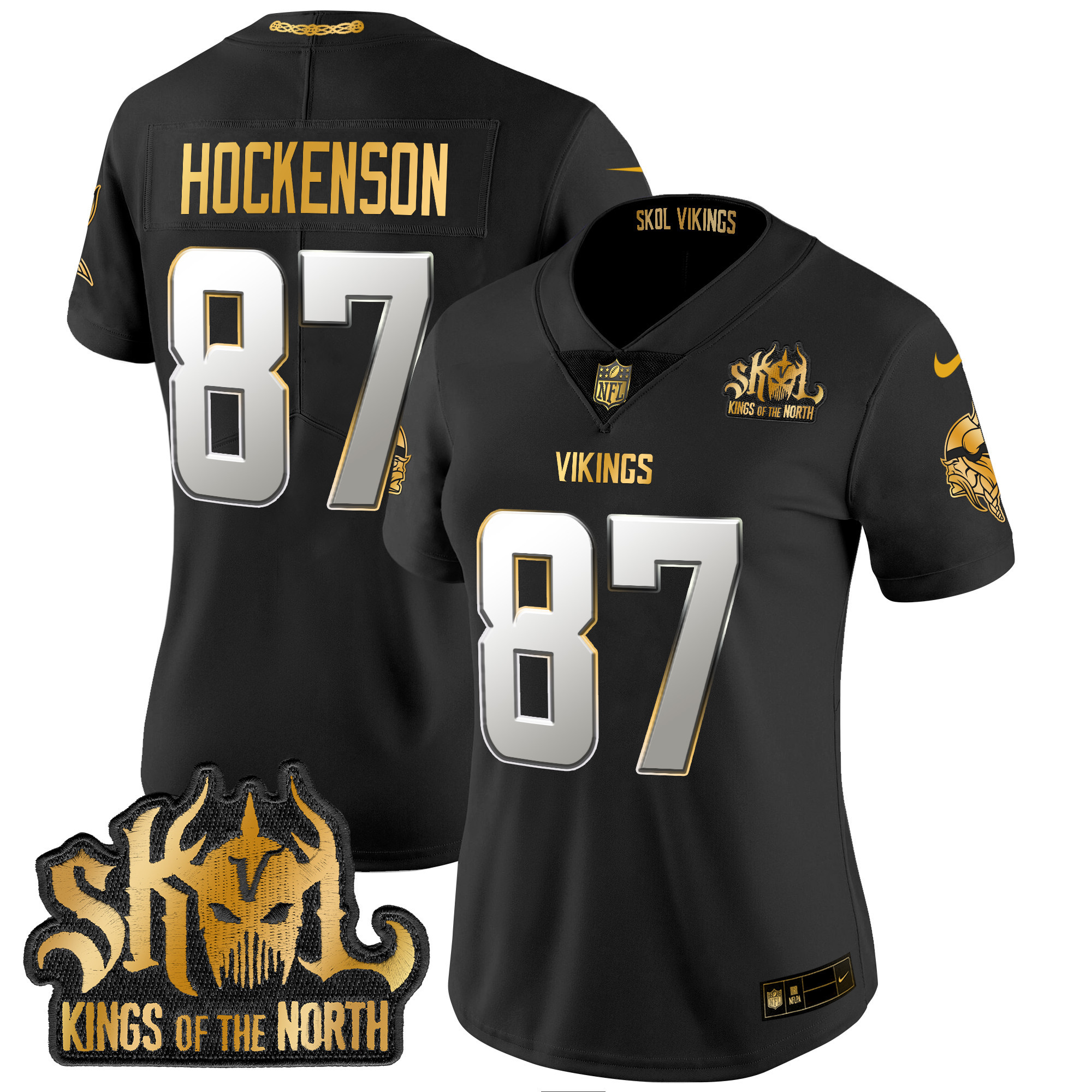 Women's T.J. Hockenson Minnesota Vikings 2024 Winter Warrior Skol Patch Gold Vapor Limited Black Limited Jersey - All Stitched