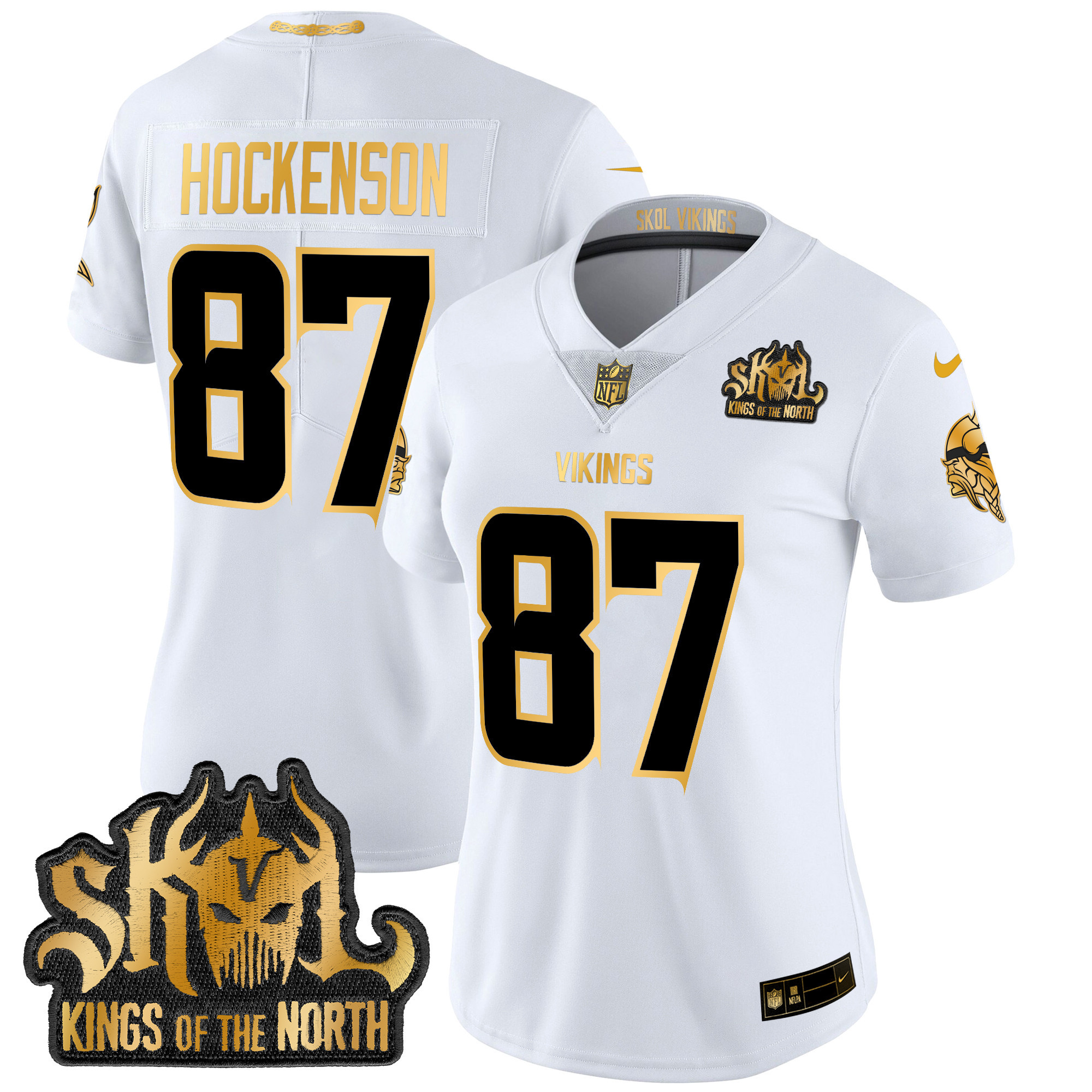 Women's T.J. Hockenson Minnesota Vikings 2024 Winter Warrior Skol Patch Gold Vapor Limited White Gold Jersey - All Stitched