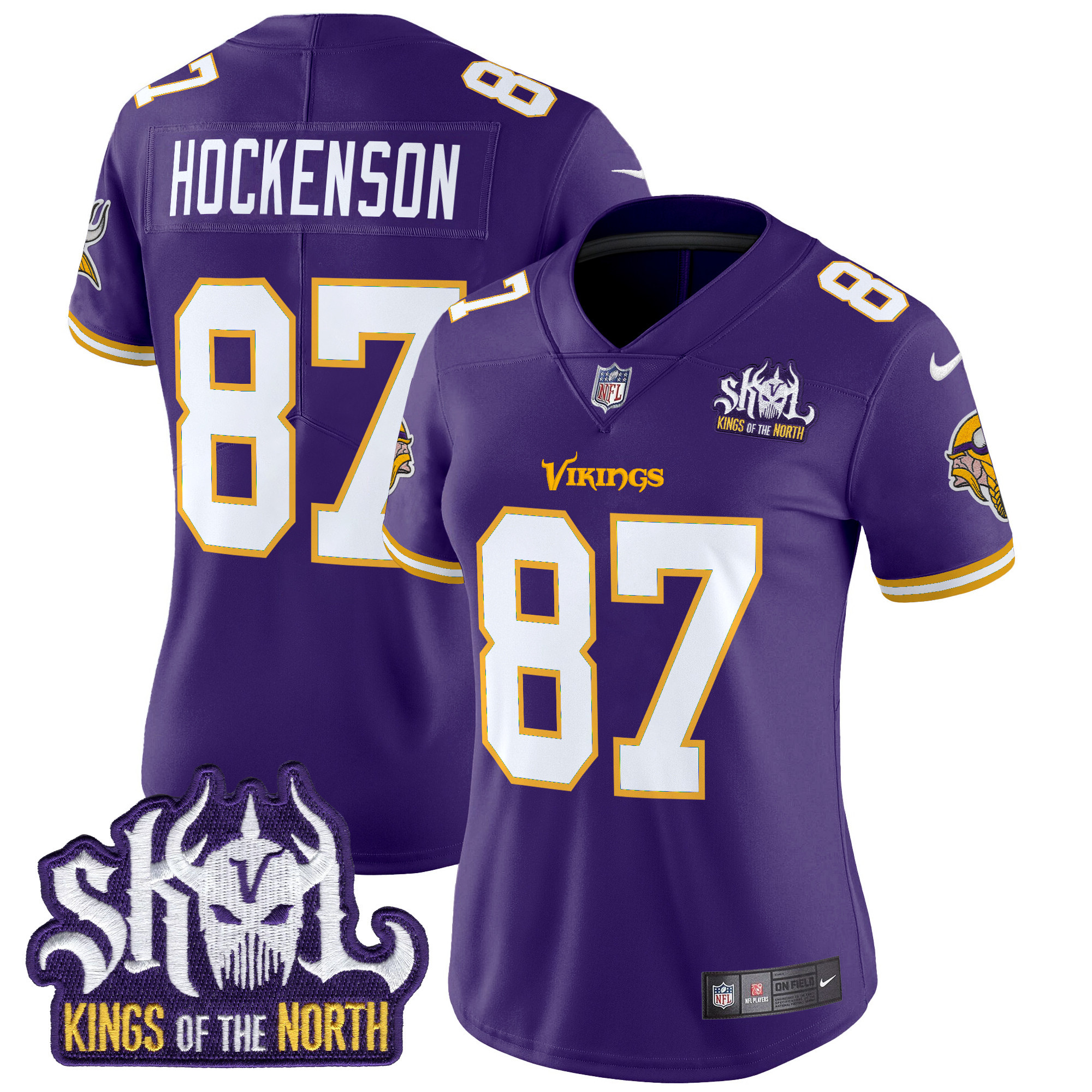 Women's T.J. Hockenson Minnesota Vikings King Of The North Patch Throwback Vapor Limited Purple Jersey - All Stitched