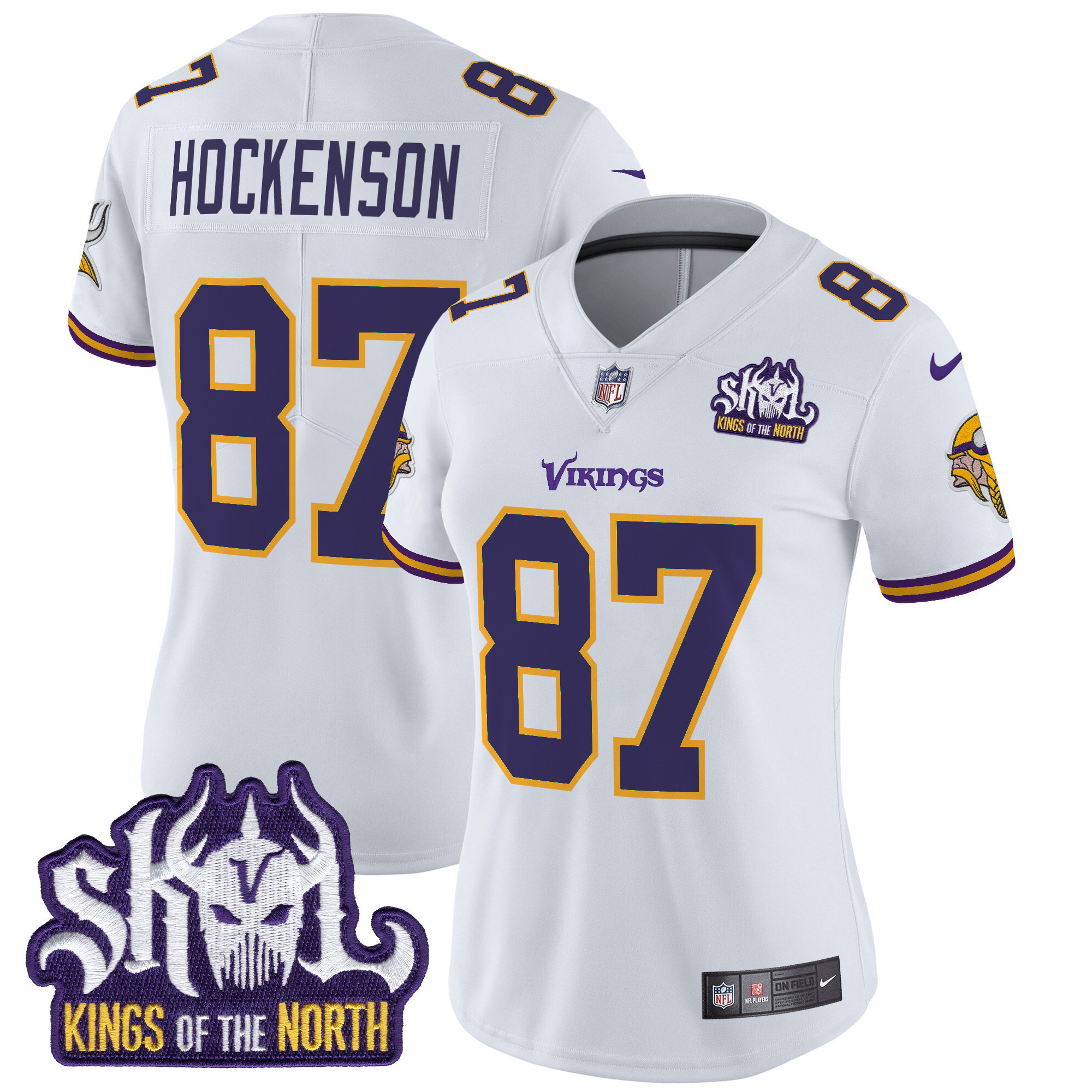 Women's T.J. Hockenson Minnesota Vikings King Of The North Patch Throwback Vapor Limited White Jersey - All Stitched