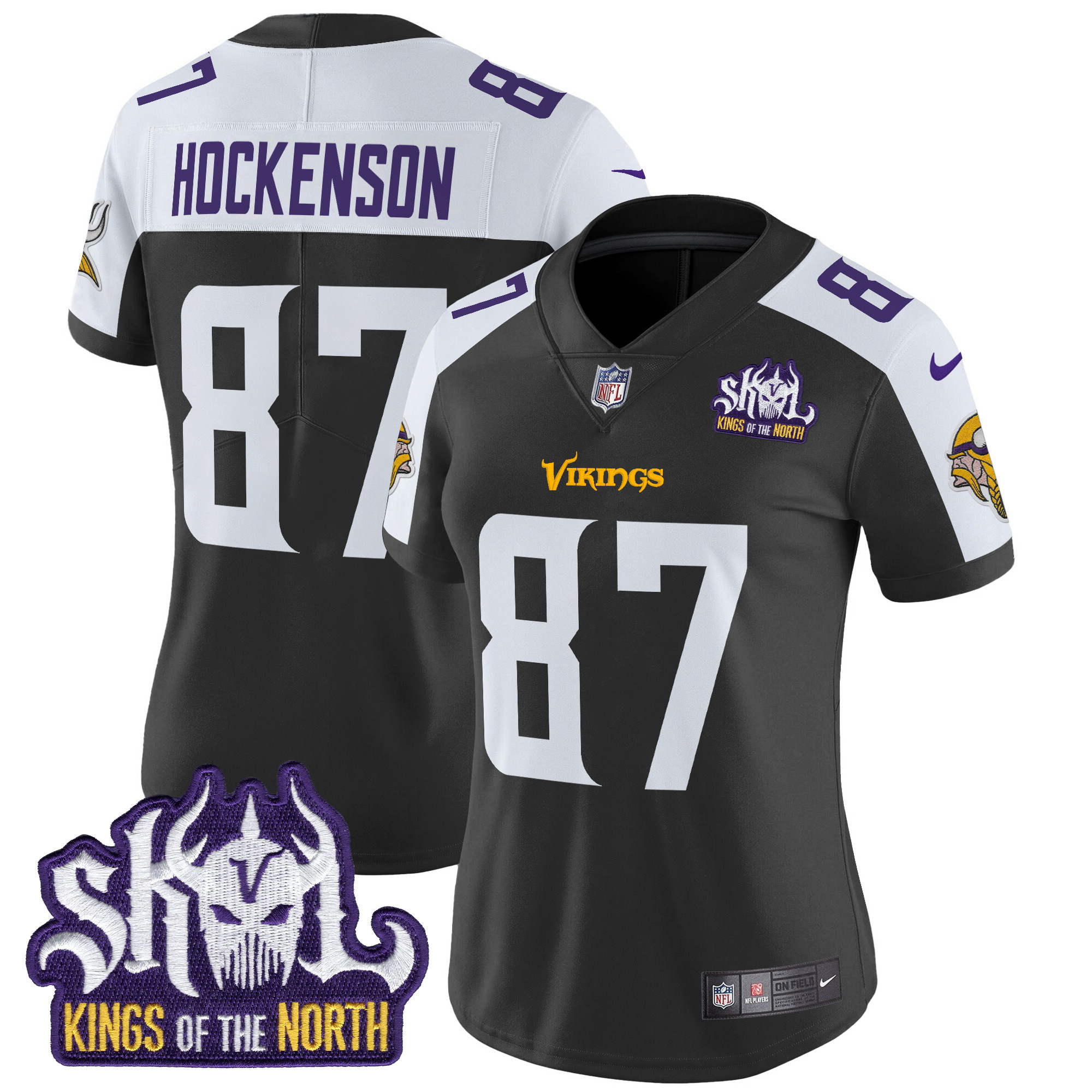 Women's T.J. Hockenson Minnesota Vikings Kings Of The North Patch Vapor Limited Black Alternate Jersey - All Stitched