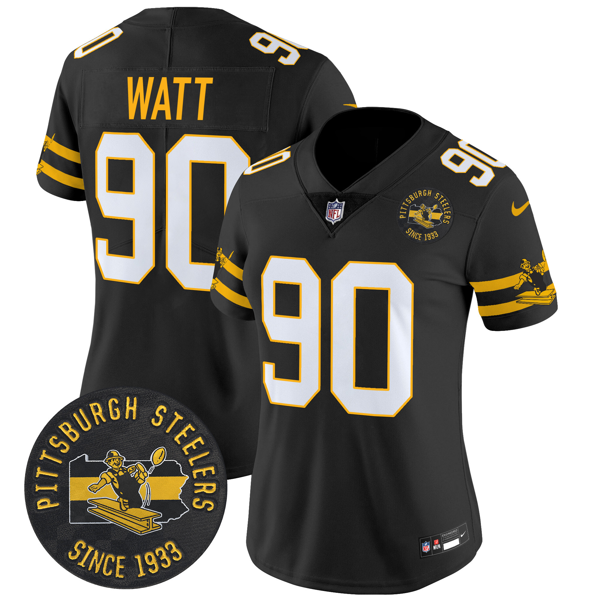 Women's T.J.Watt Pittsburgh Steelers Throwback 1933 Patch Vapor Limited Black Jersey - All Stitched