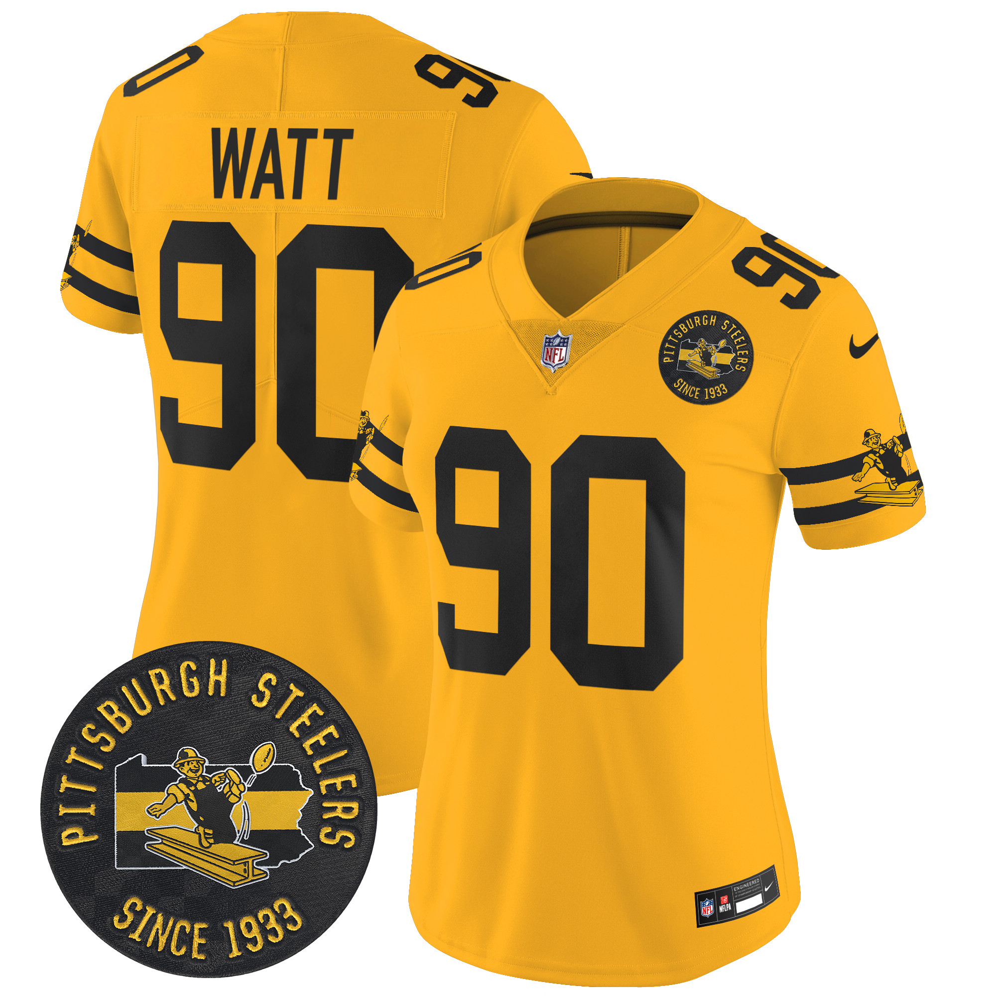 Women's T.J.Watt Pittsburgh Steelers Throwback 1933 Patch Vapor Limited Gold Jersey - All Stitched