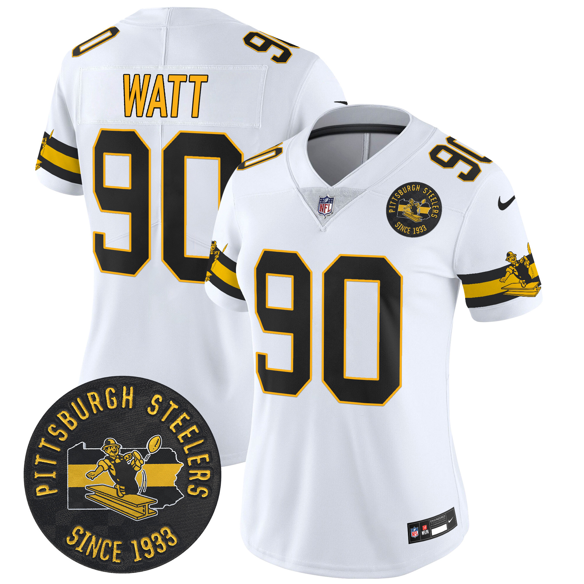 Women's T.J.Watt Pittsburgh Steelers Throwback 1933 Patch Vapor Limited White Jersey - All Stitched