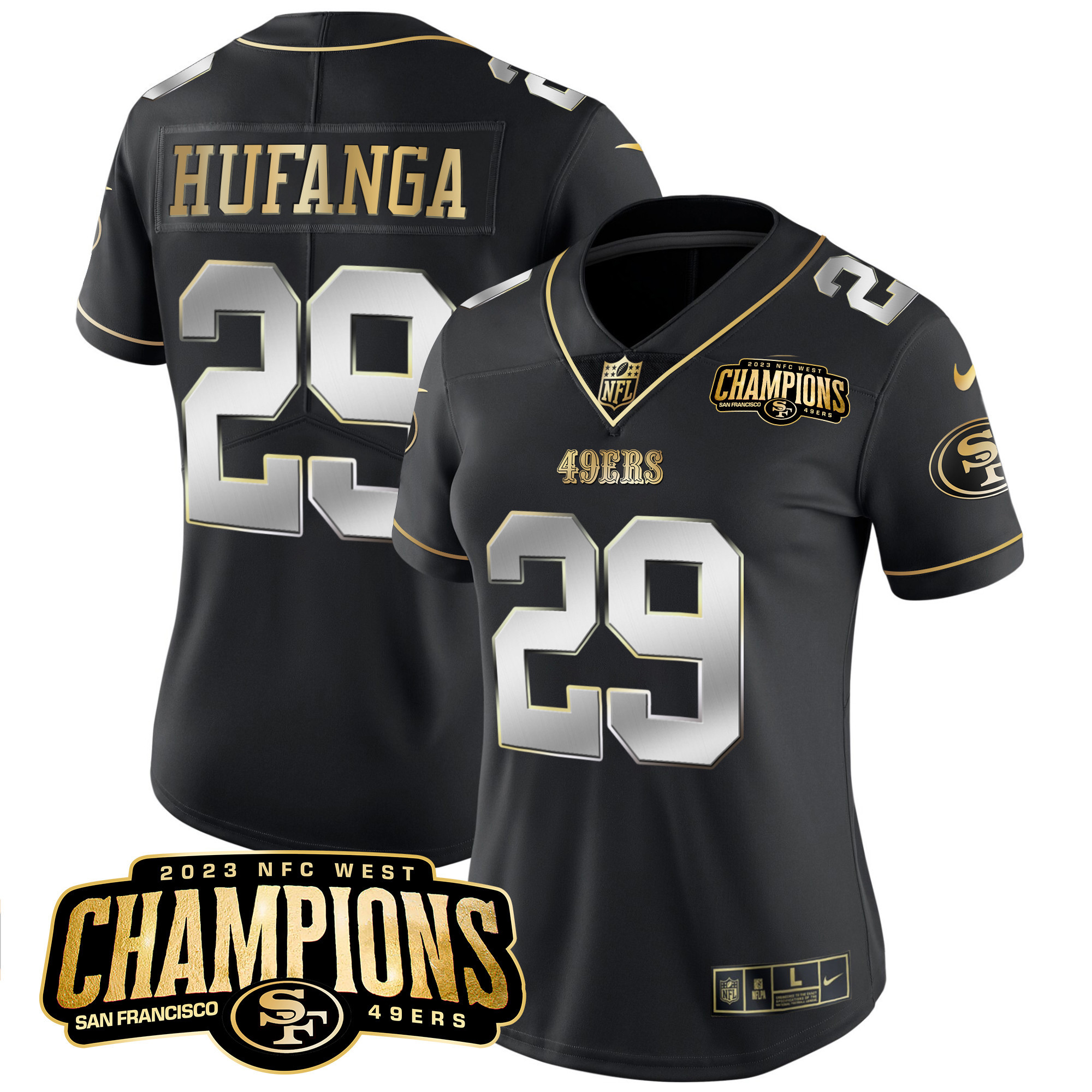 Women's Talanoa Hufanga San Francisco 49ers 2023 NFC West Champions Patch Vapor Black Limited Jersey V2 - All Stitched