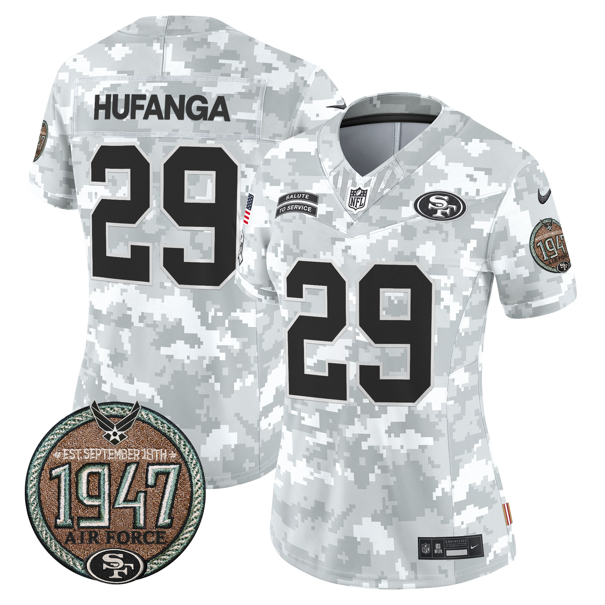Women's Talanoa Hufanga San Francisco 49ers 2024 Salute to Service Establishment Year Patch Vapor Limited Air Force Jersey - All Stitched