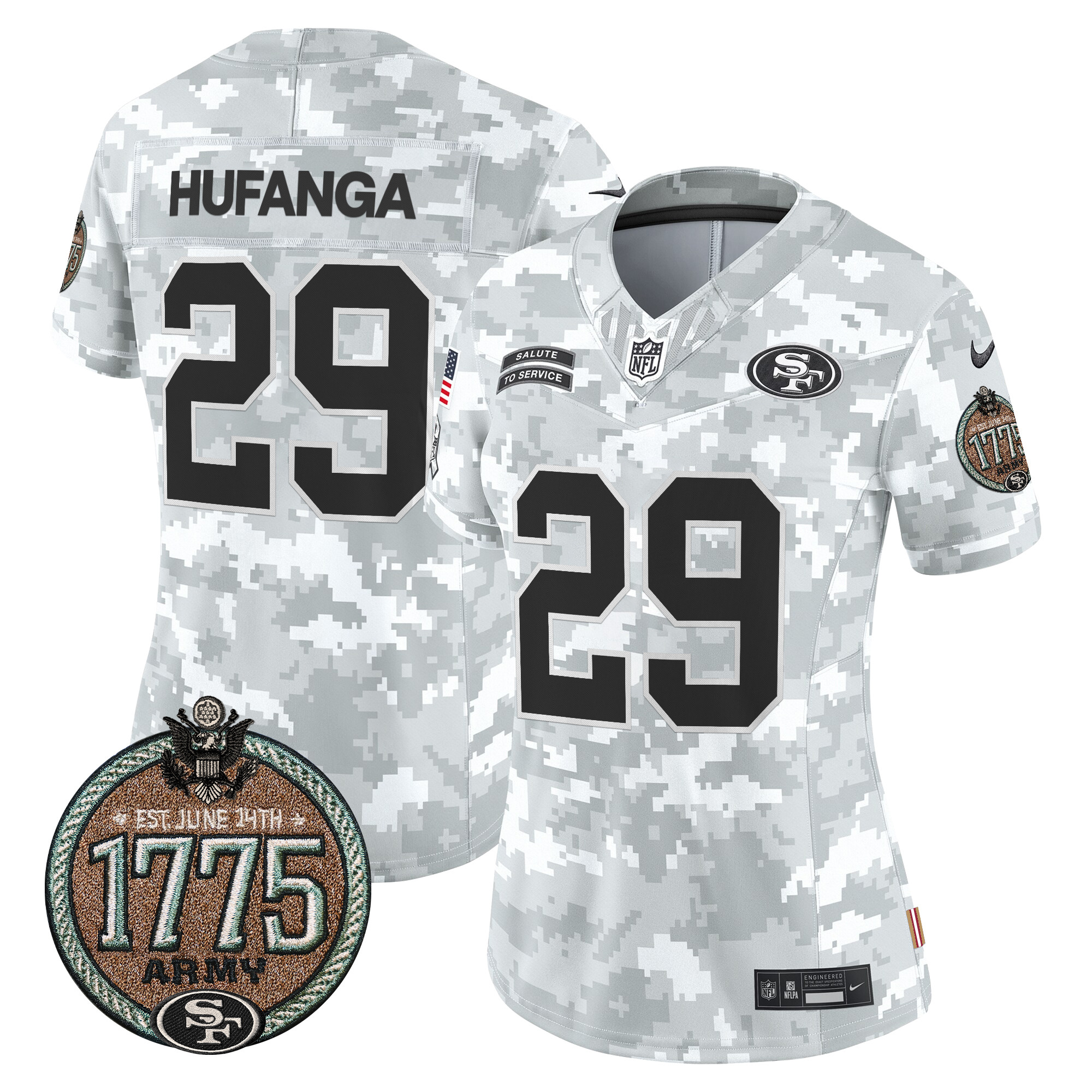 Women's Talanoa Hufanga San Francisco 49ers 2024 Salute to Service Establishment Year Patch Vapor Limited Army Jersey - All Stitched