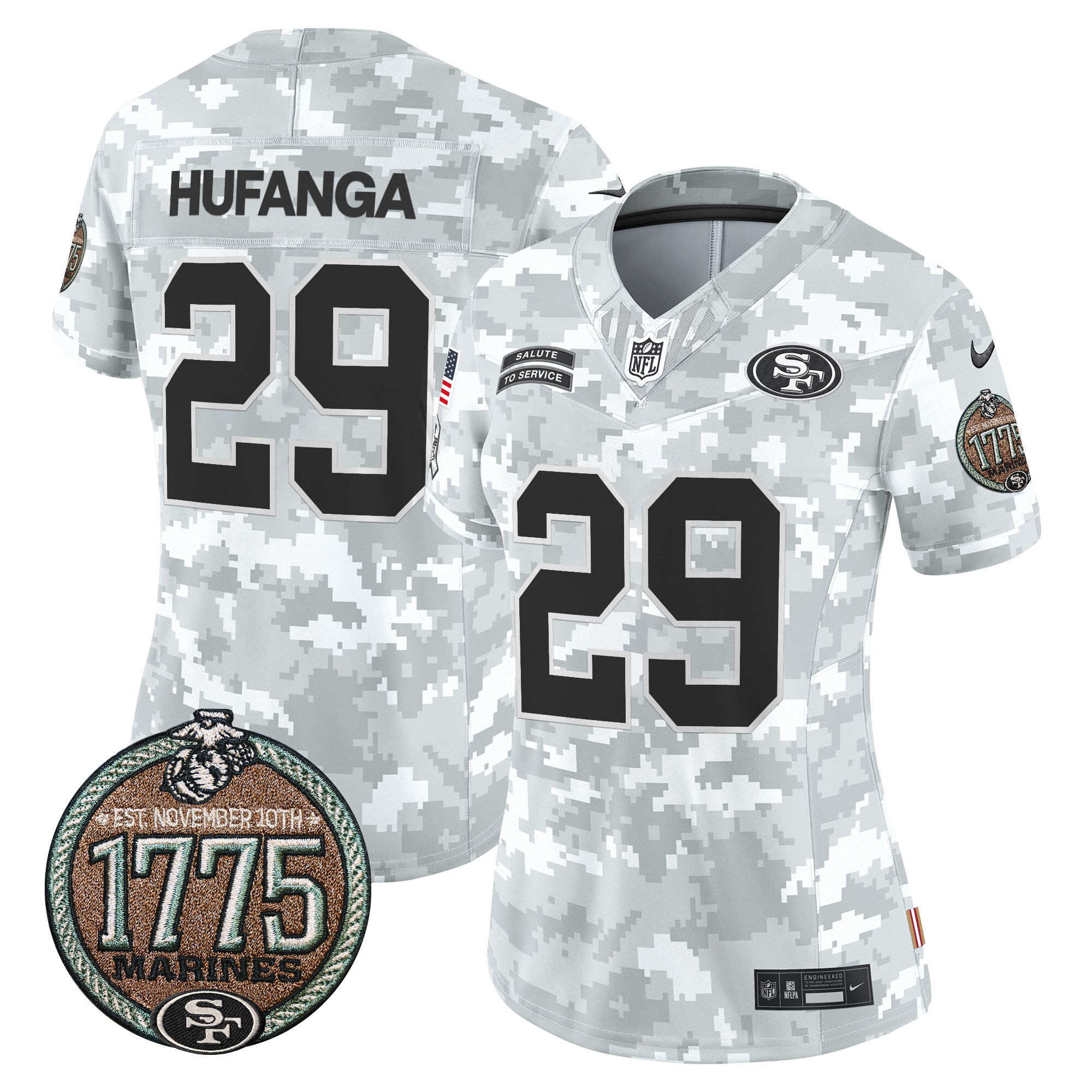 Women's Talanoa Hufanga San Francisco 49ers 2024 Salute to Service Establishment Year Patch Vapor Limited Marines Jersey - All Stitched