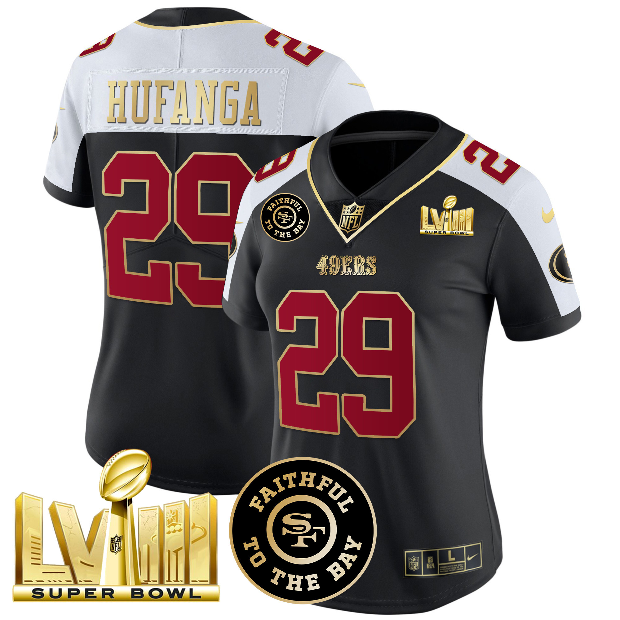 Women's Talanoa Hufanga San Francisco 49ers Faithful & Super Bowl LVIII Gold Patch Vapor Black Alternate Jersey - All Stitched