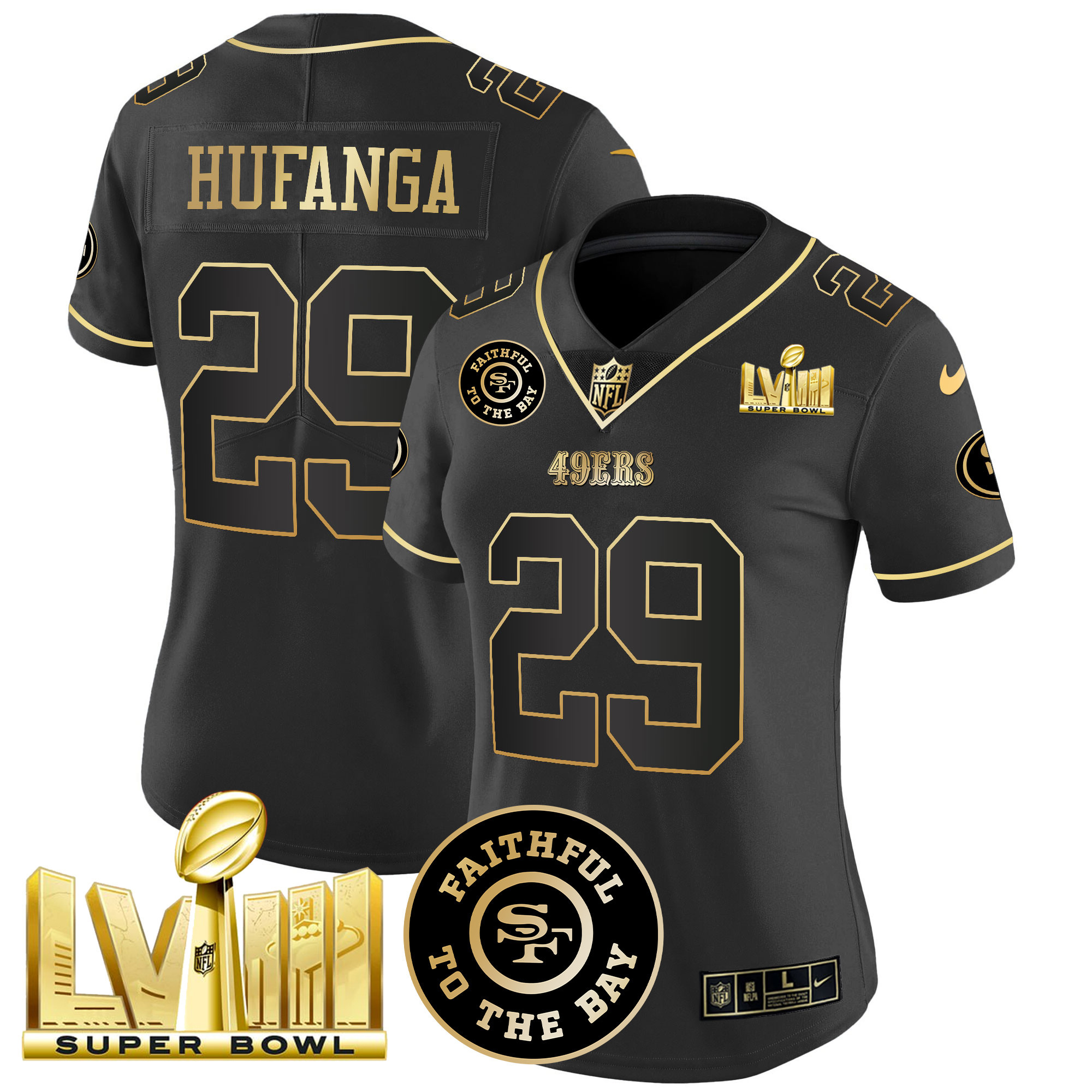 Women's Talanoa Hufanga San Francisco 49ers Faithful & Super Bowl LVIII Gold Patch Vapor Black Gold Jersey V2 - All Stitched