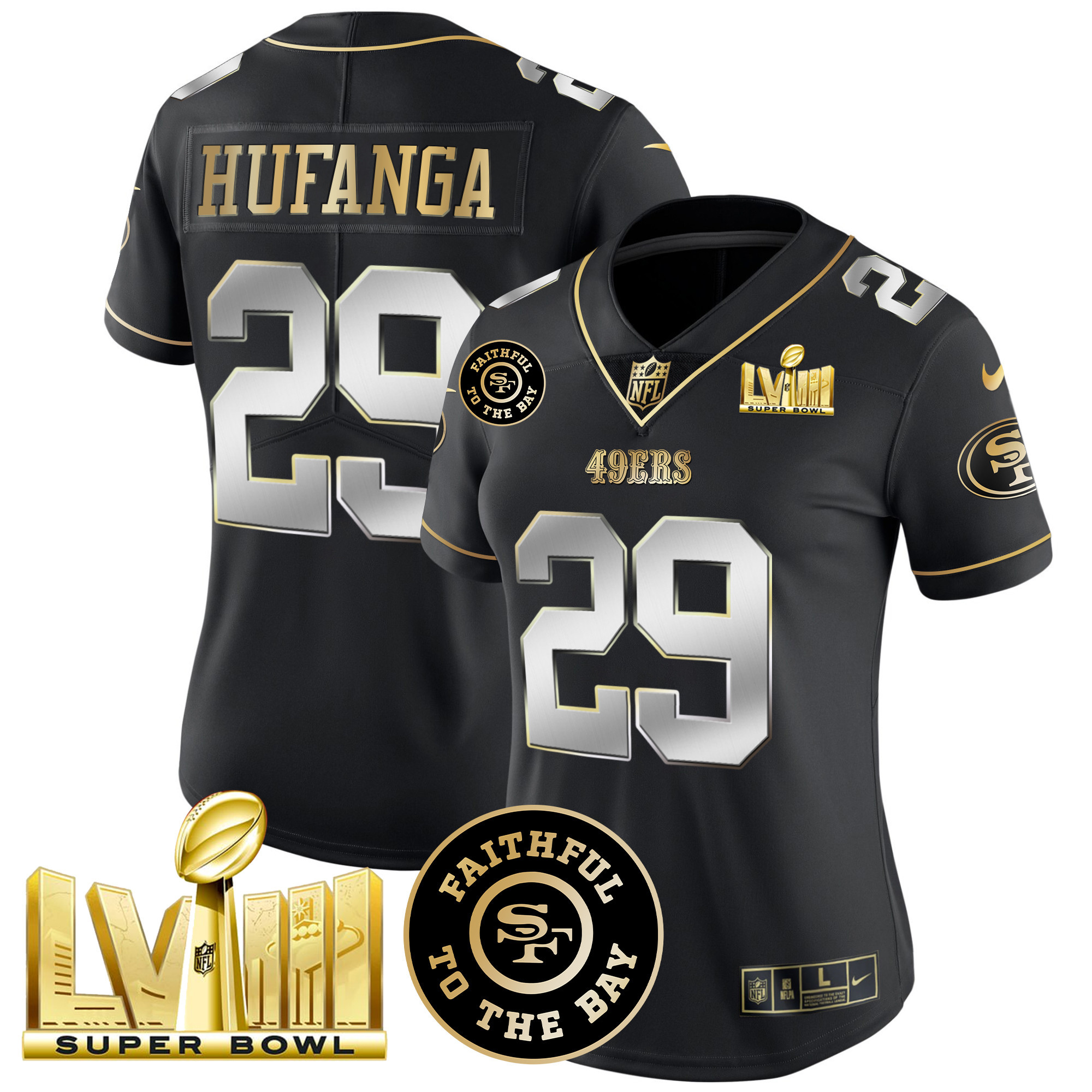 Women's Talanoa Hufanga San Francisco 49ers Faithful & Super Bowl LVIII Gold Patch Vapor Black Limited Jersey - All Stitched