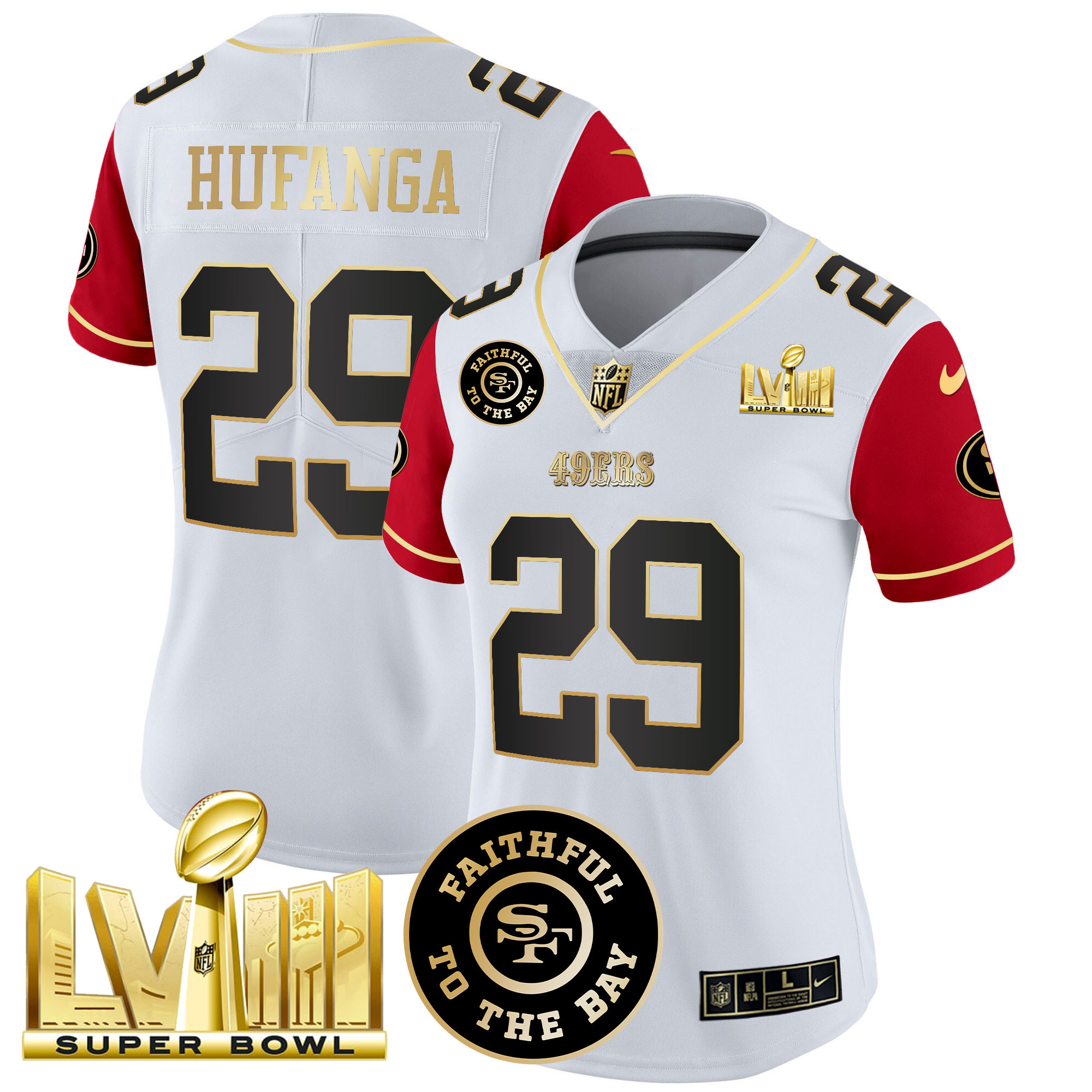 Women's Talanoa Hufanga San Francisco 49ers Faithful & Super Bowl LVIII Gold Patch Vapor Color Sleeves Jersey V2 - All Stitched