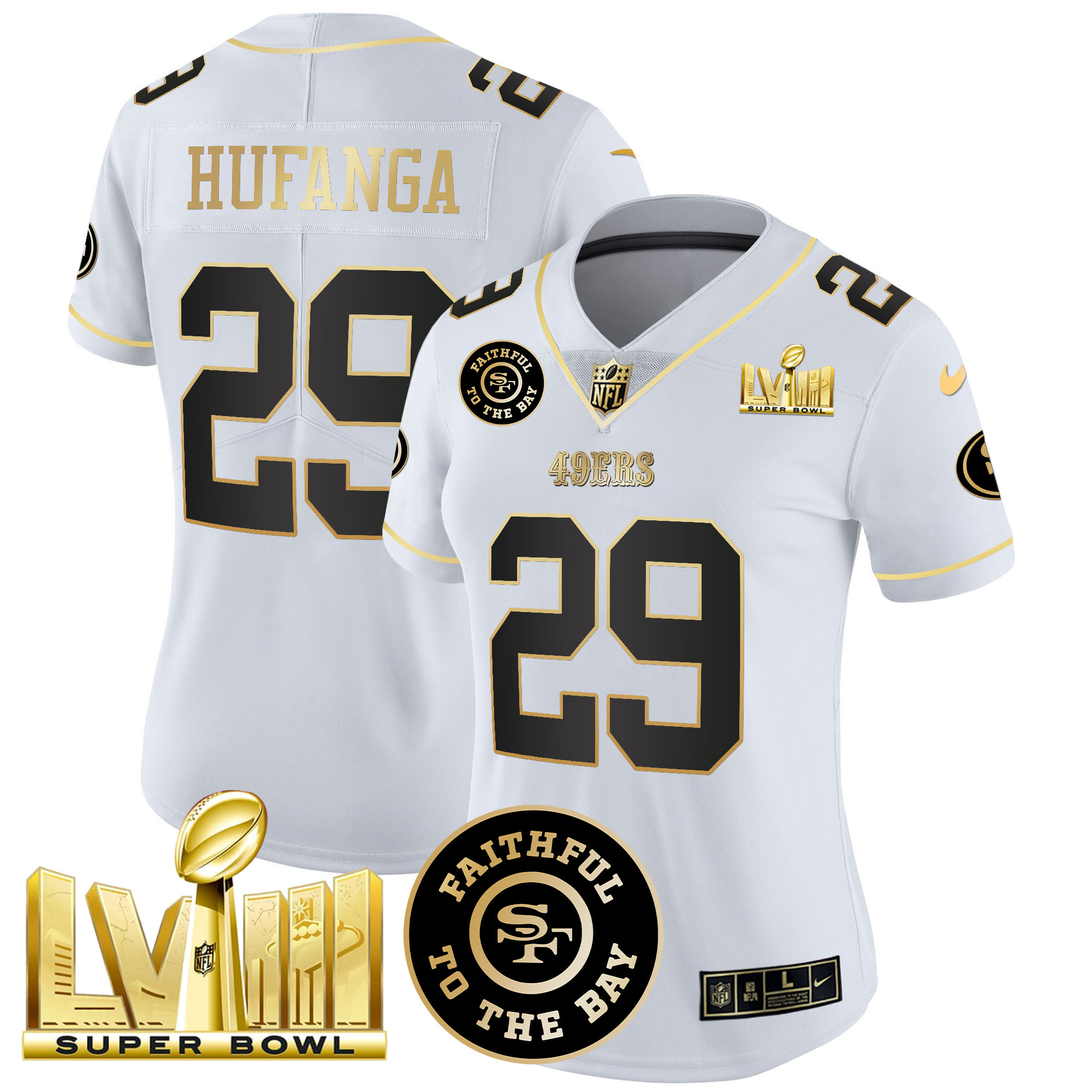 Women's Talanoa Hufanga San Francisco 49ers Faithful & Super Bowl LVIII Gold Patch Vapor White Gold Jersey V2 - All Stitched