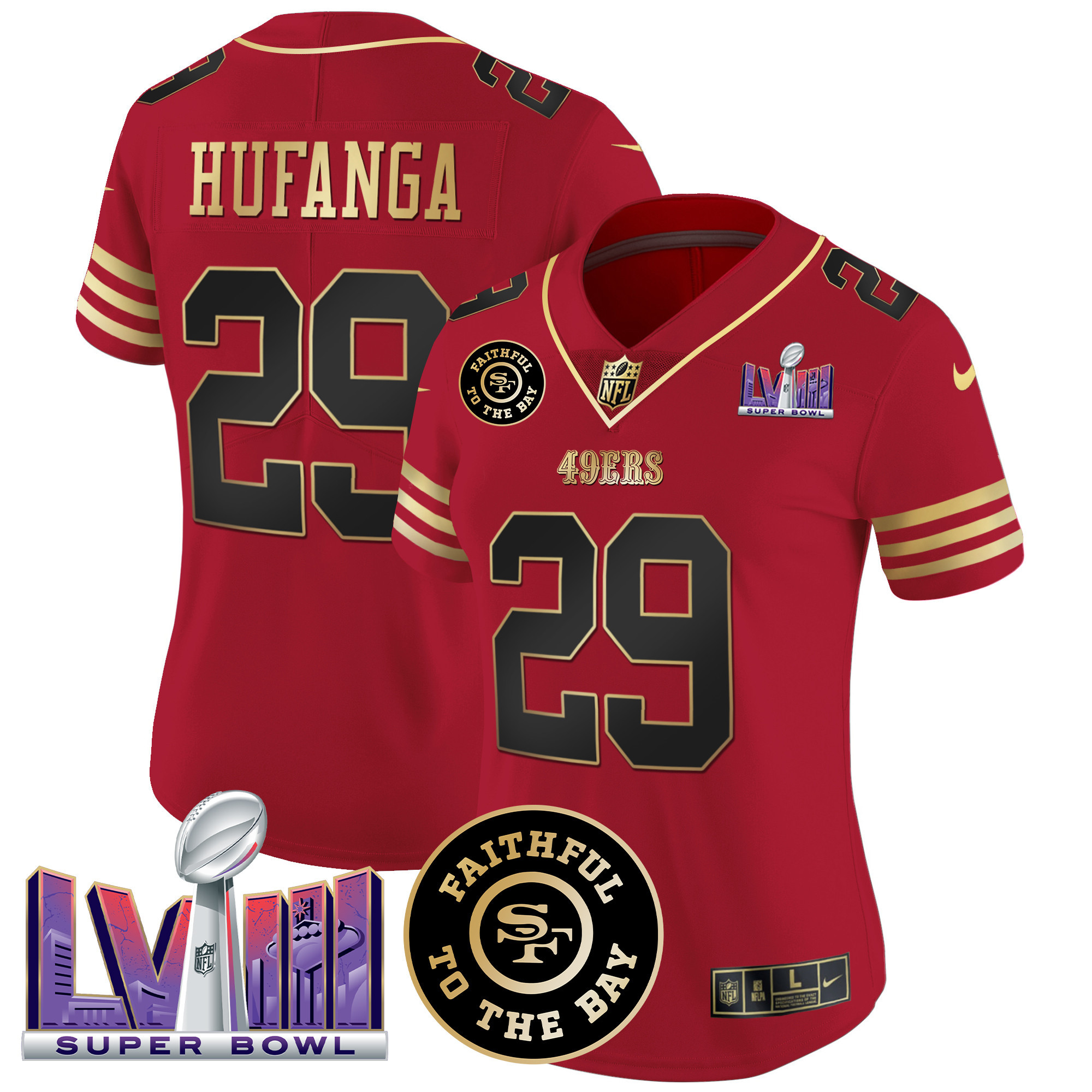 Women's Talanoa Hufanga San Francisco 49ers Faithful & Super Bowl LVIII Patch Vapor Black Scarlet Jersey - All Stitched