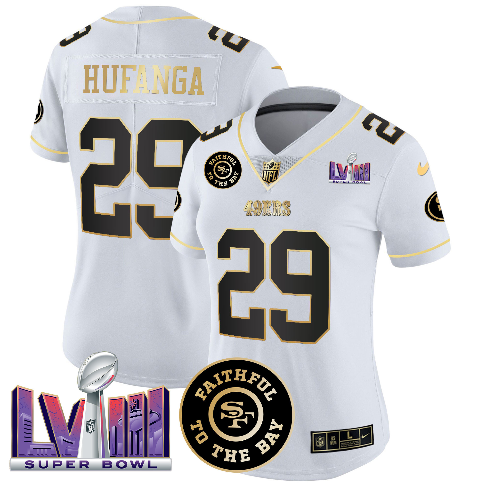 Women's Talanoa Hufanga San Francisco 49ers Faithful & Super Bowl LVIII Patch Vapor White Gold Jersey V2 - All Stitched