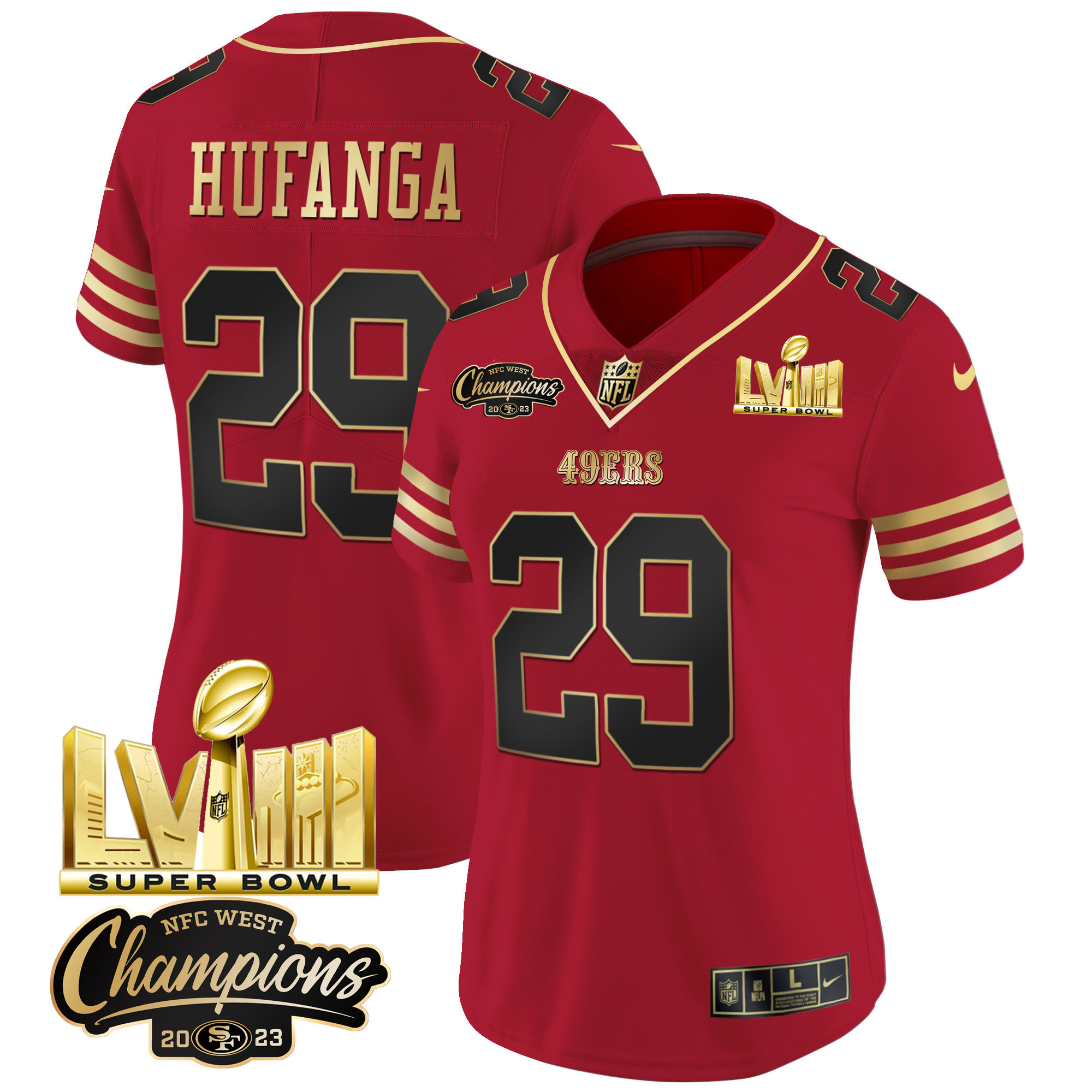 Women's Talanoa Hufanga San Francisco 49ers NFC West Champions & Super Bowl LVIII Gold Patch Vapor Black Scarlet Jersey V2 - All Stitched