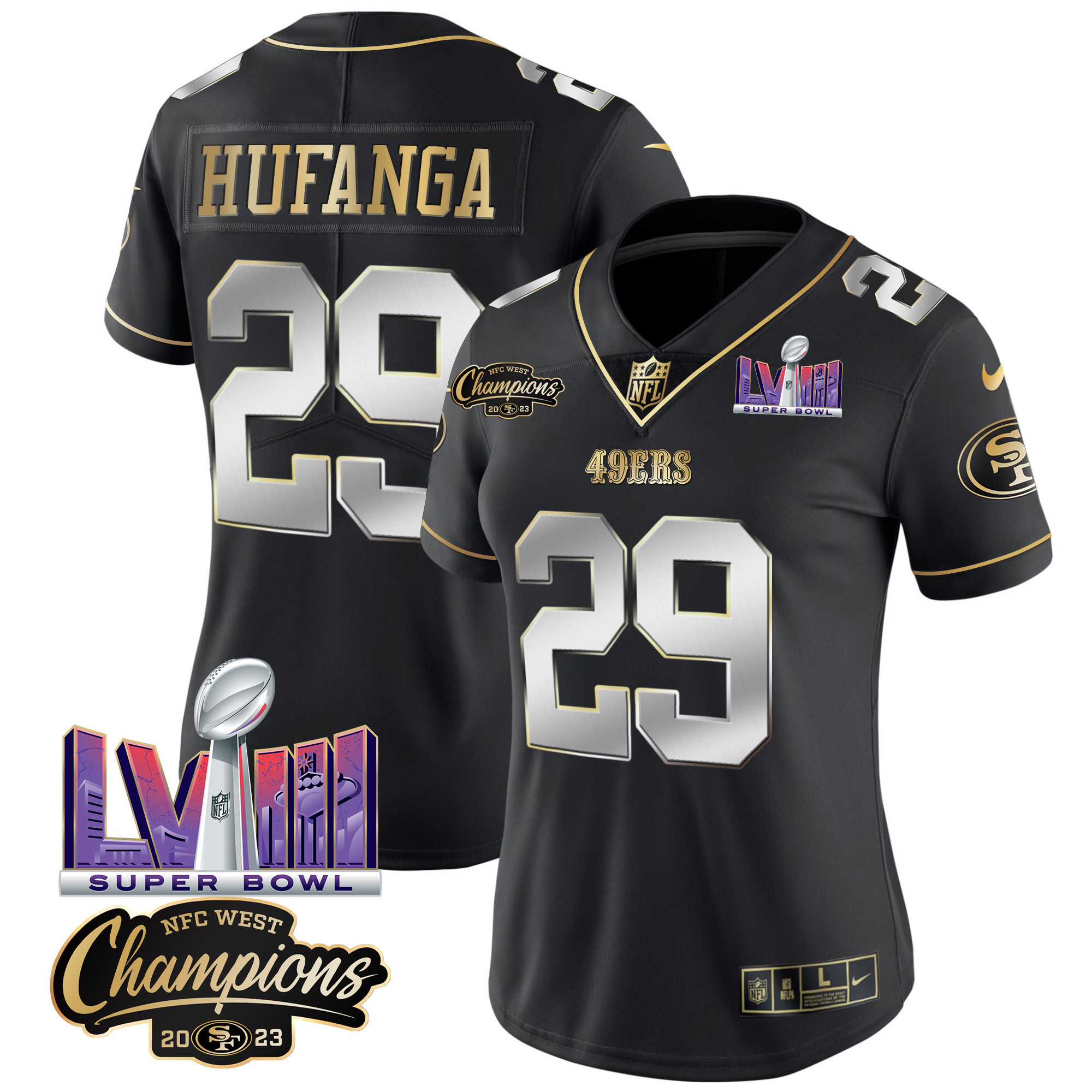 Women's Talanoa Hufanga San Francisco 49ers NFC West Champions & Super Bowl LVIII Patch Vapor Black Limited Jersey V2 - All Stitched