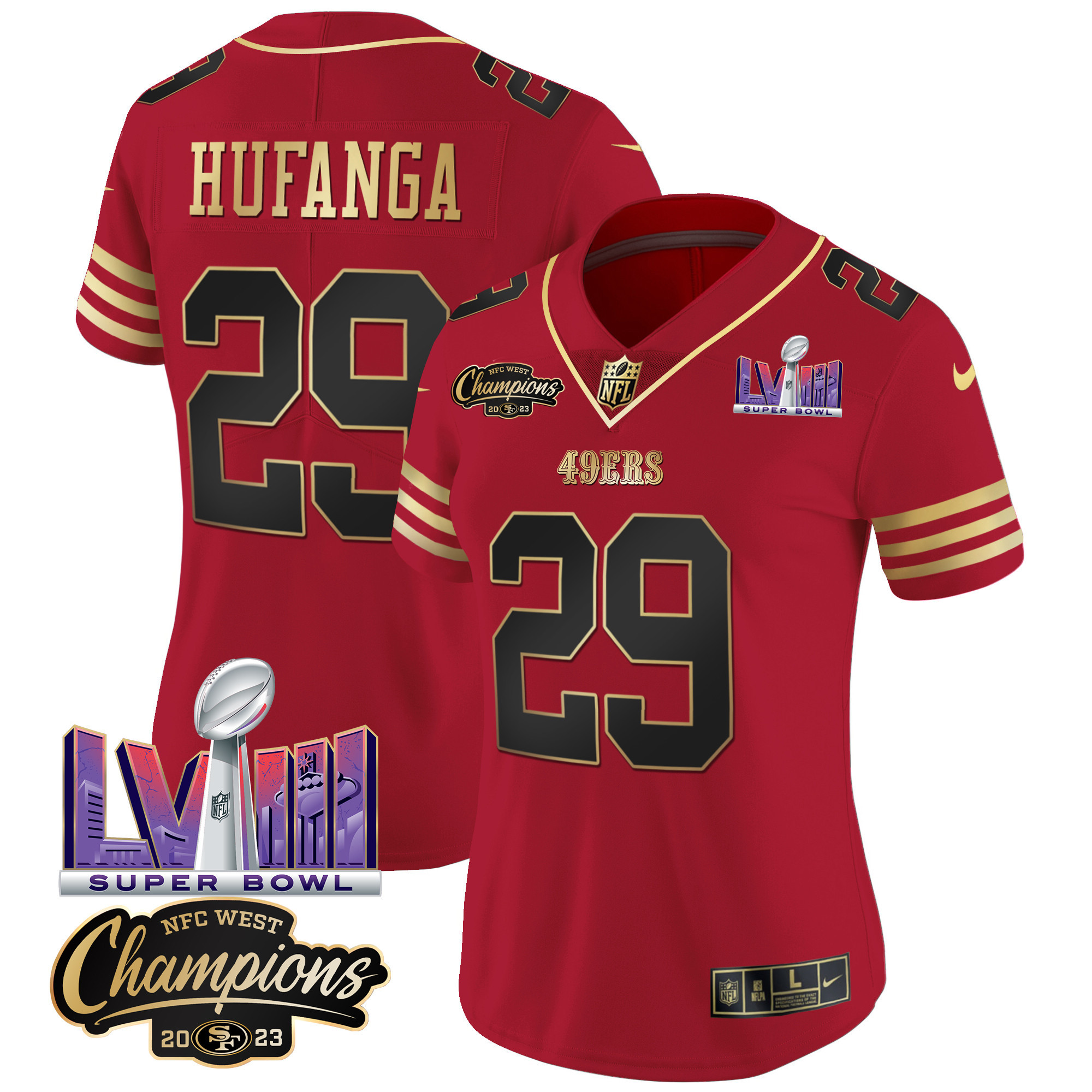 Women's Talanoa Hufanga San Francisco 49ers NFC West Champions & Super Bowl LVIII Patch Vapor Black Scarlet Jersey V2 - All Stitched