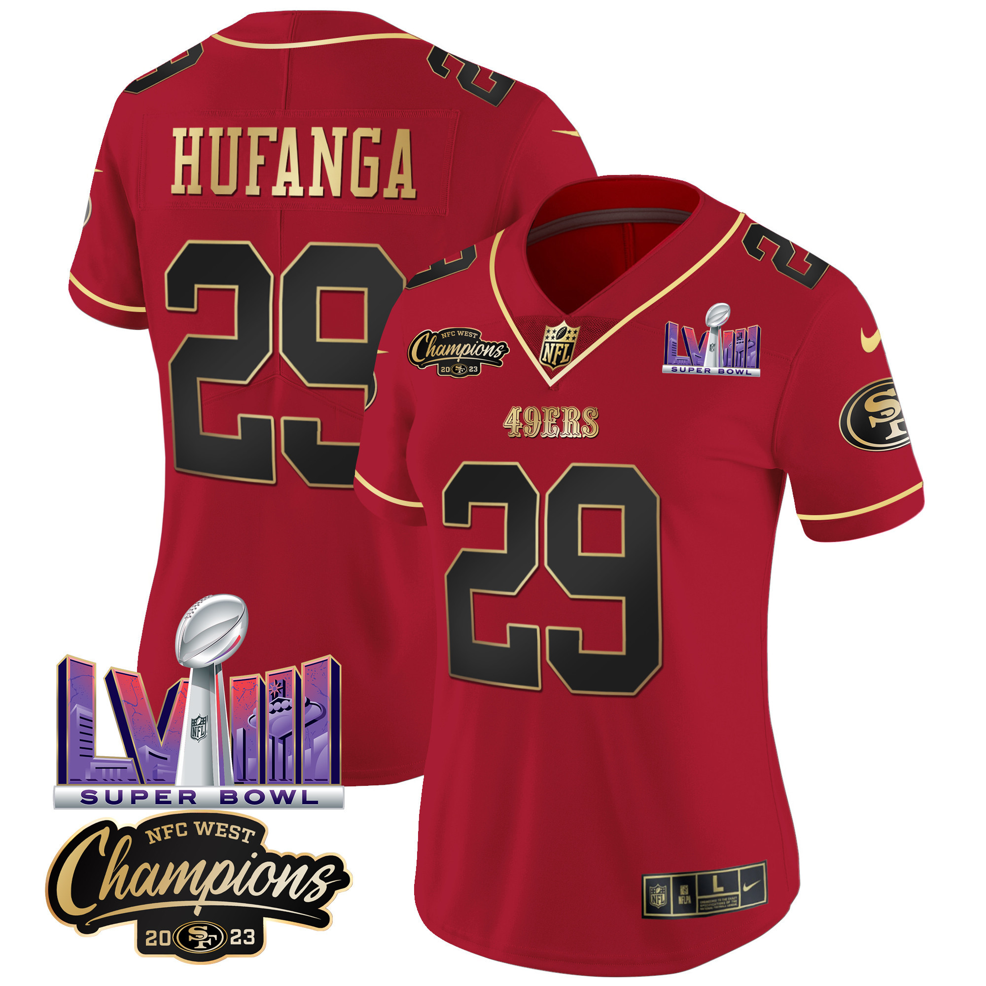 Women's Talanoa Hufanga San Francisco 49ers NFC West Champions & Super Bowl LVIII Patch Vapor Scarlet Limited Jersey V2 - All Stitched