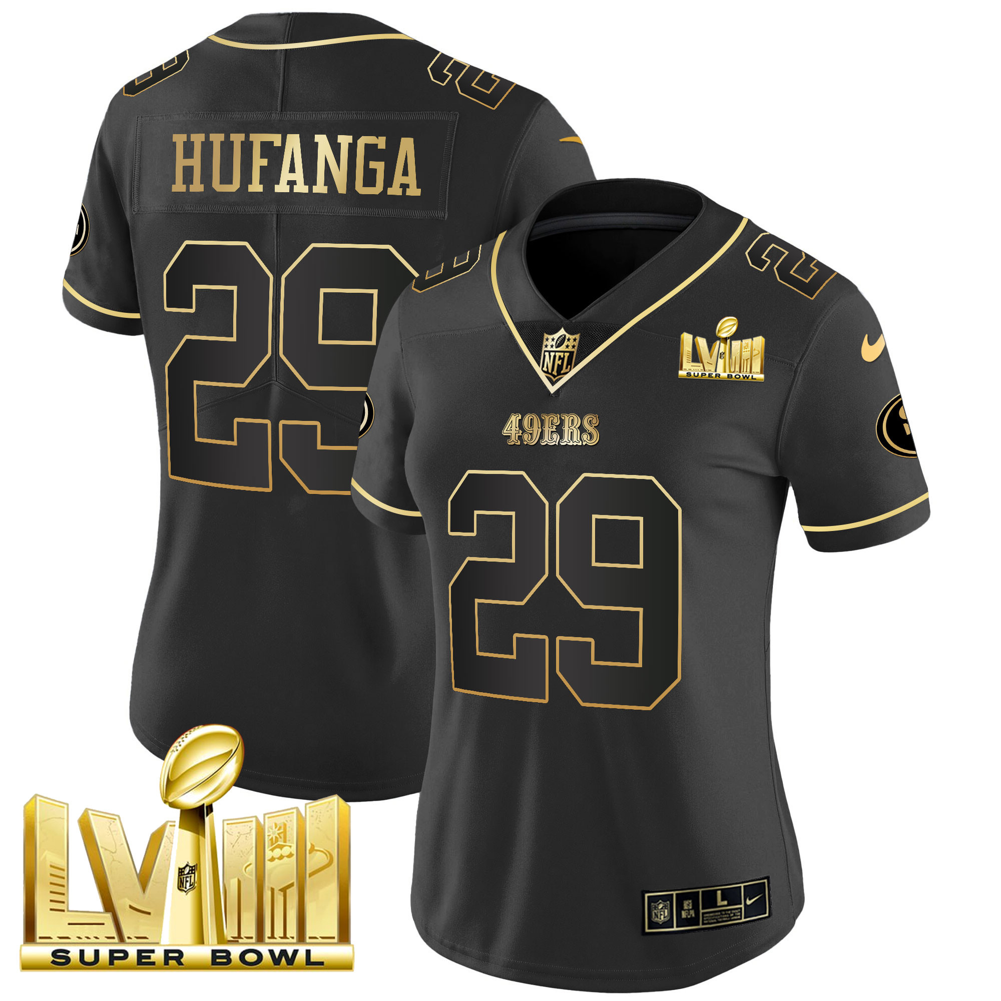 Women's Talanoa Hufanga San Francisco 49ers Super Bowl LVIII Gold Patch Vapor Black Gold Jersey V2 - All Stitched