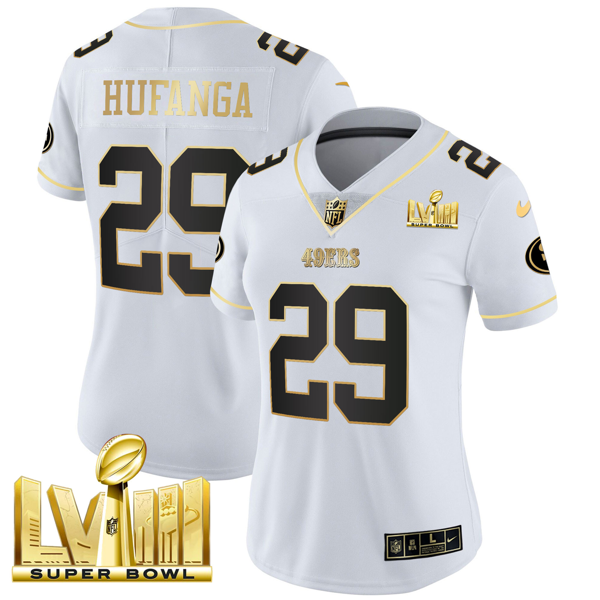 Women's Talanoa Hufanga San Francisco 49ers Super Bowl LVIII Gold Patch Vapor White Gold Jersey V2 - All Stitched