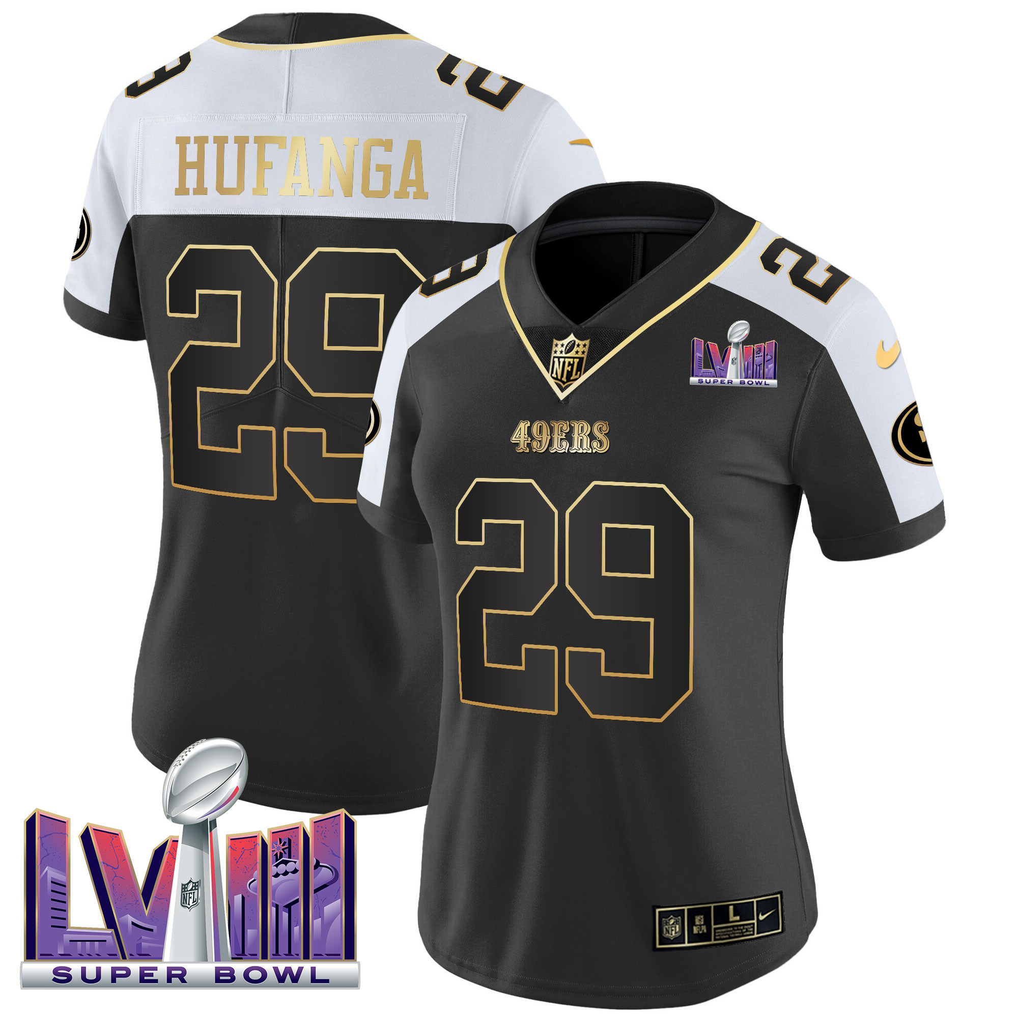 Women's Talanoa Hufanga San Francisco 49ers Super Bowl LVIII Patch Vapor Black Alternate Jersey V2 - All Stitched