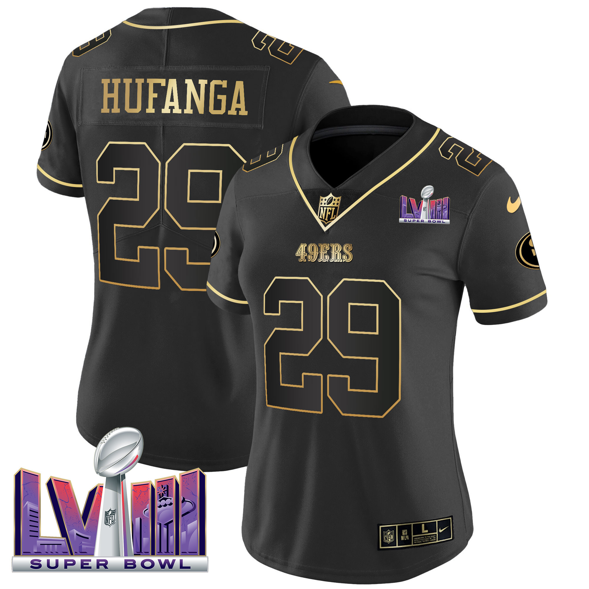 Women's Talanoa Hufanga San Francisco 49ers Super Bowl LVIII Patch Vapor Black Gold Jersey V2 - All Stitched