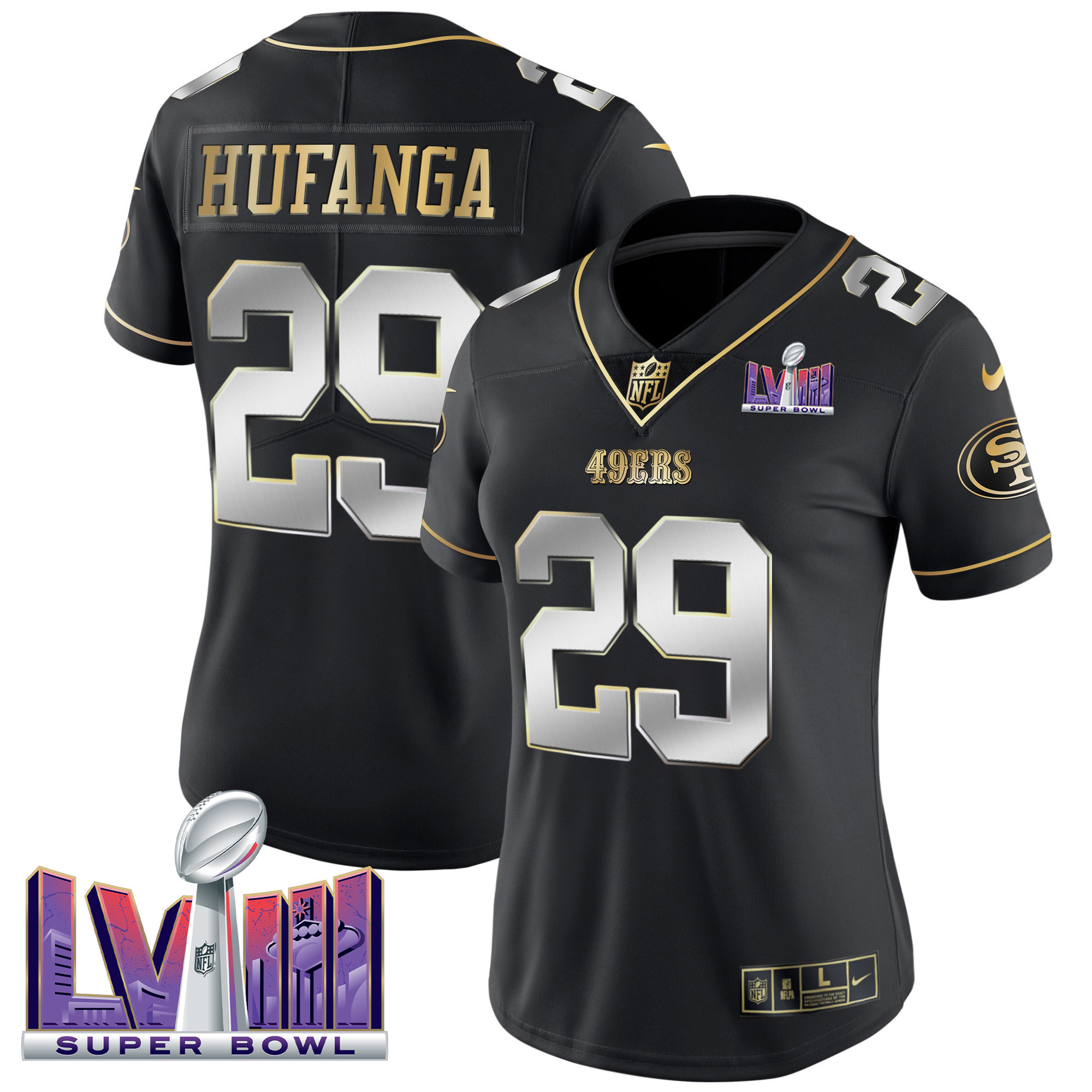 Women's Talanoa Hufanga San Francisco 49ers Super Bowl LVIII Patch Vapor Black Limited Jersey - All Stitched