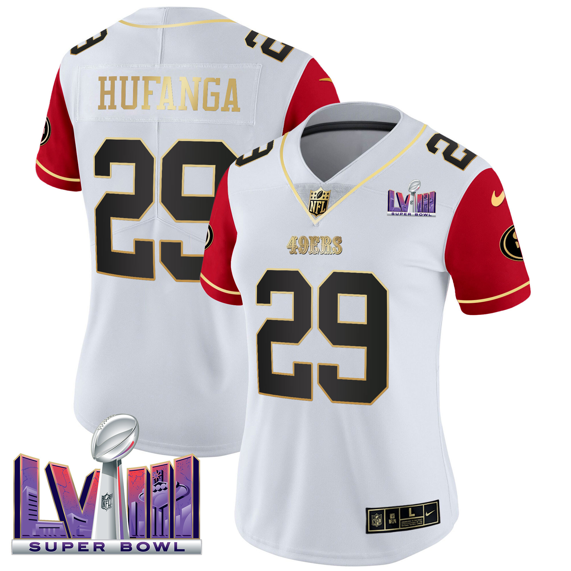 Women's Talanoa Hufanga San Francisco 49ers Super Bowl LVIII Patch Vapor Color Sleeves Jersey V2 - All Stitched