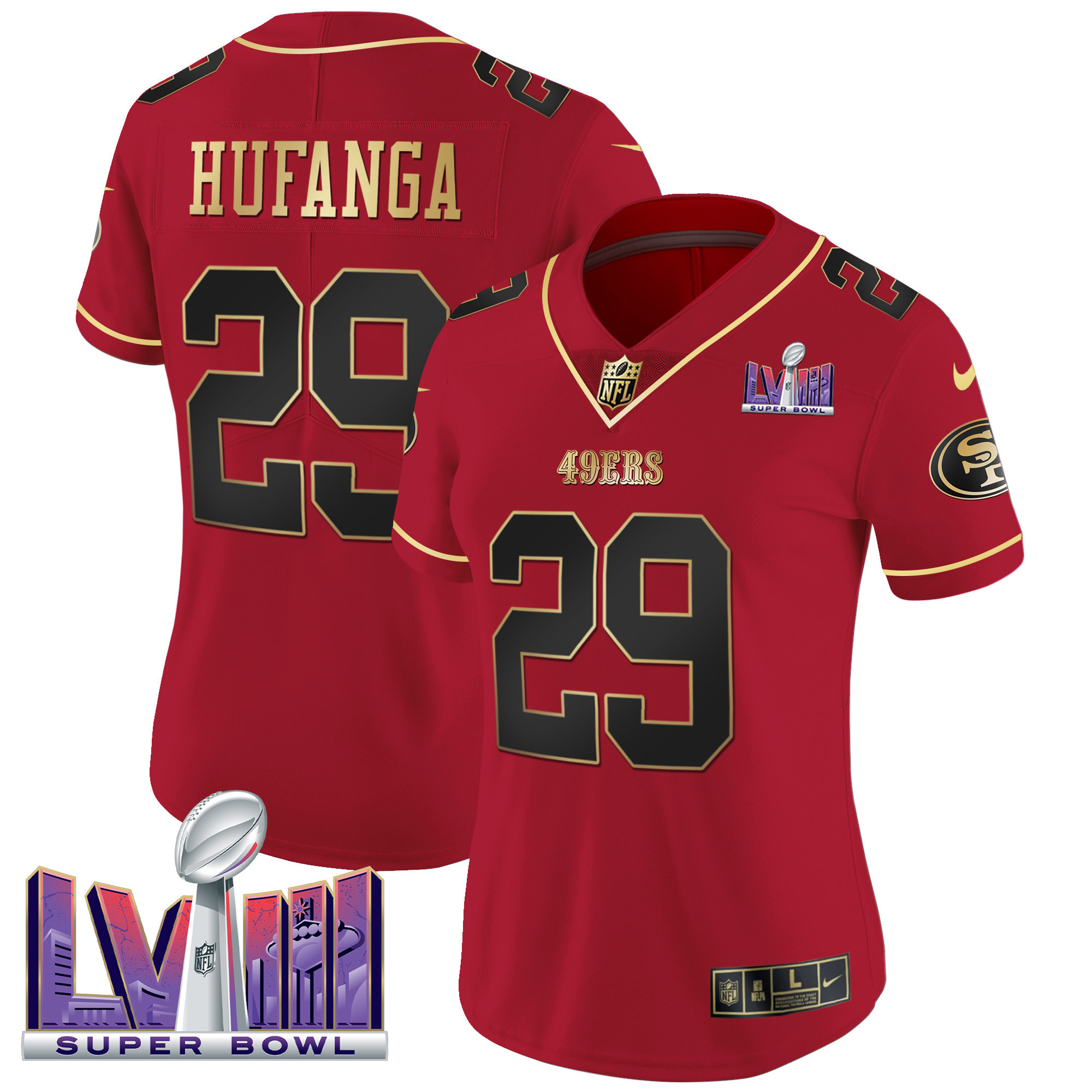 Women's Talanoa Hufanga San Francisco 49ers Super Bowl LVIII Patch Vapor Scarlet Limited Jersey - All Stitched