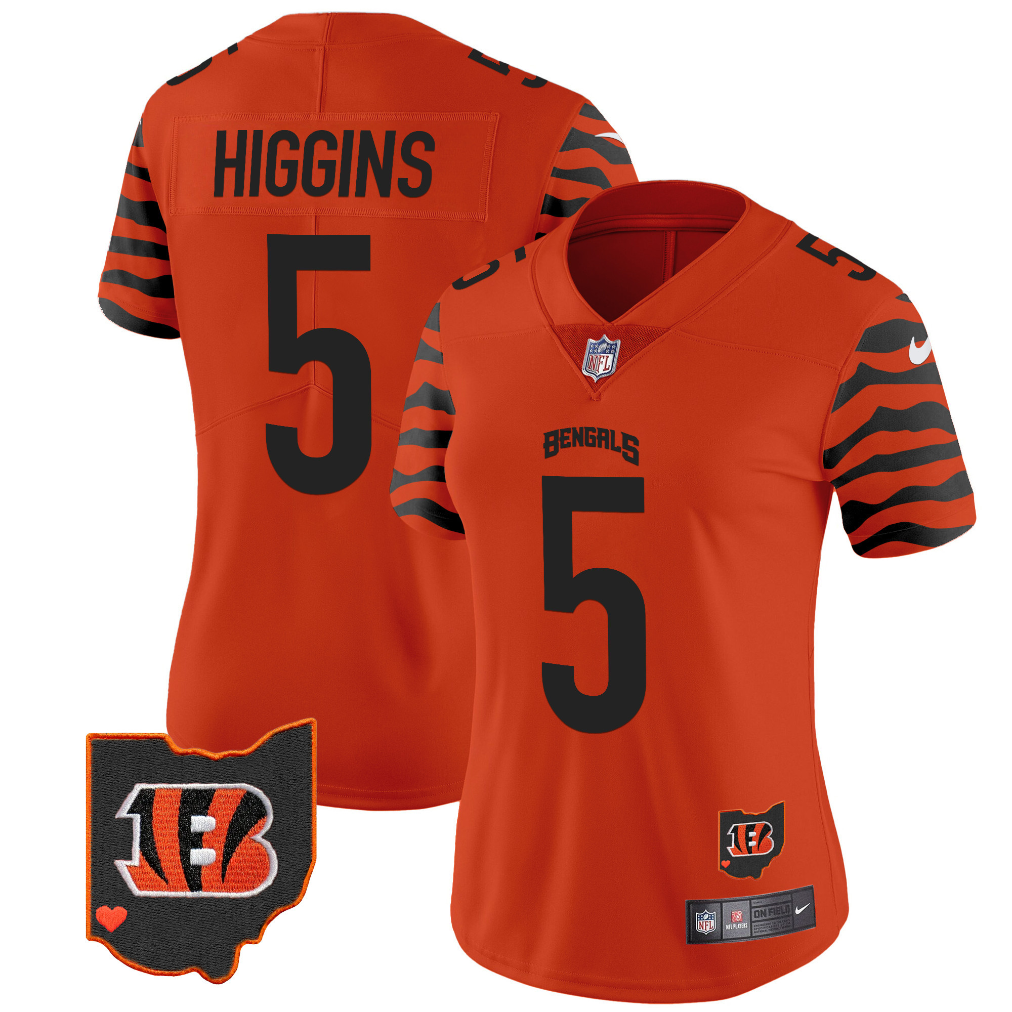 Women's Tee Higgins Cincinnati Bengals Stripes Vapor Limited Orange Jersey - All Stitched