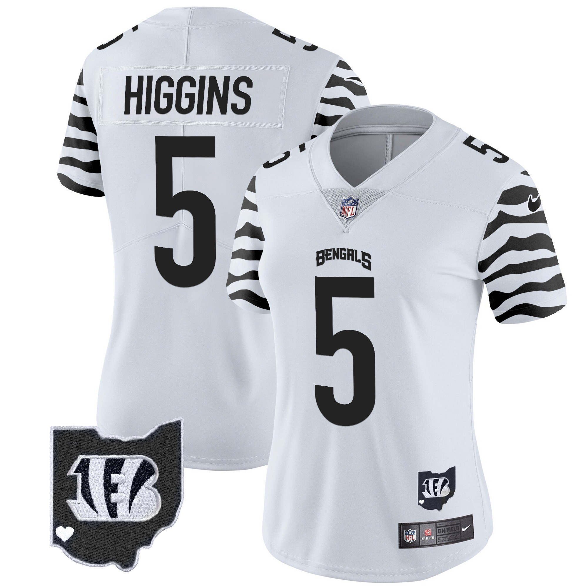Women's Tee Higgins Cincinnati Bengals Stripes Vapor Limited White Jersey - All Stitched