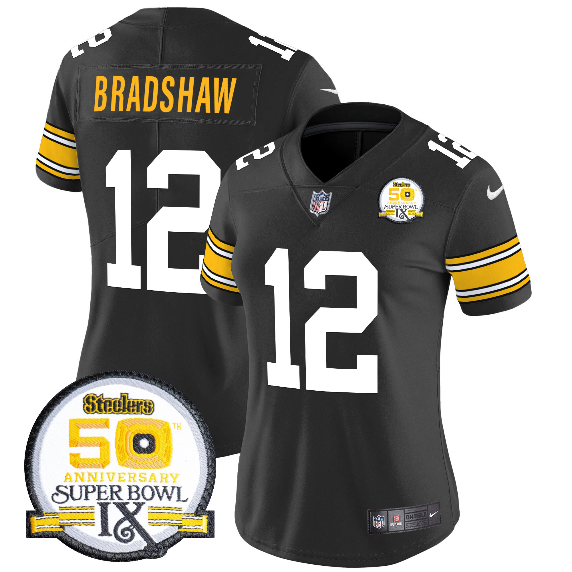 Women's Terry Bradshaw Pittsburgh Steelers 50th Anniversary Of Super Bowl IX Patch Vapor Limited 1975 Throwback Jersey - All Stitched