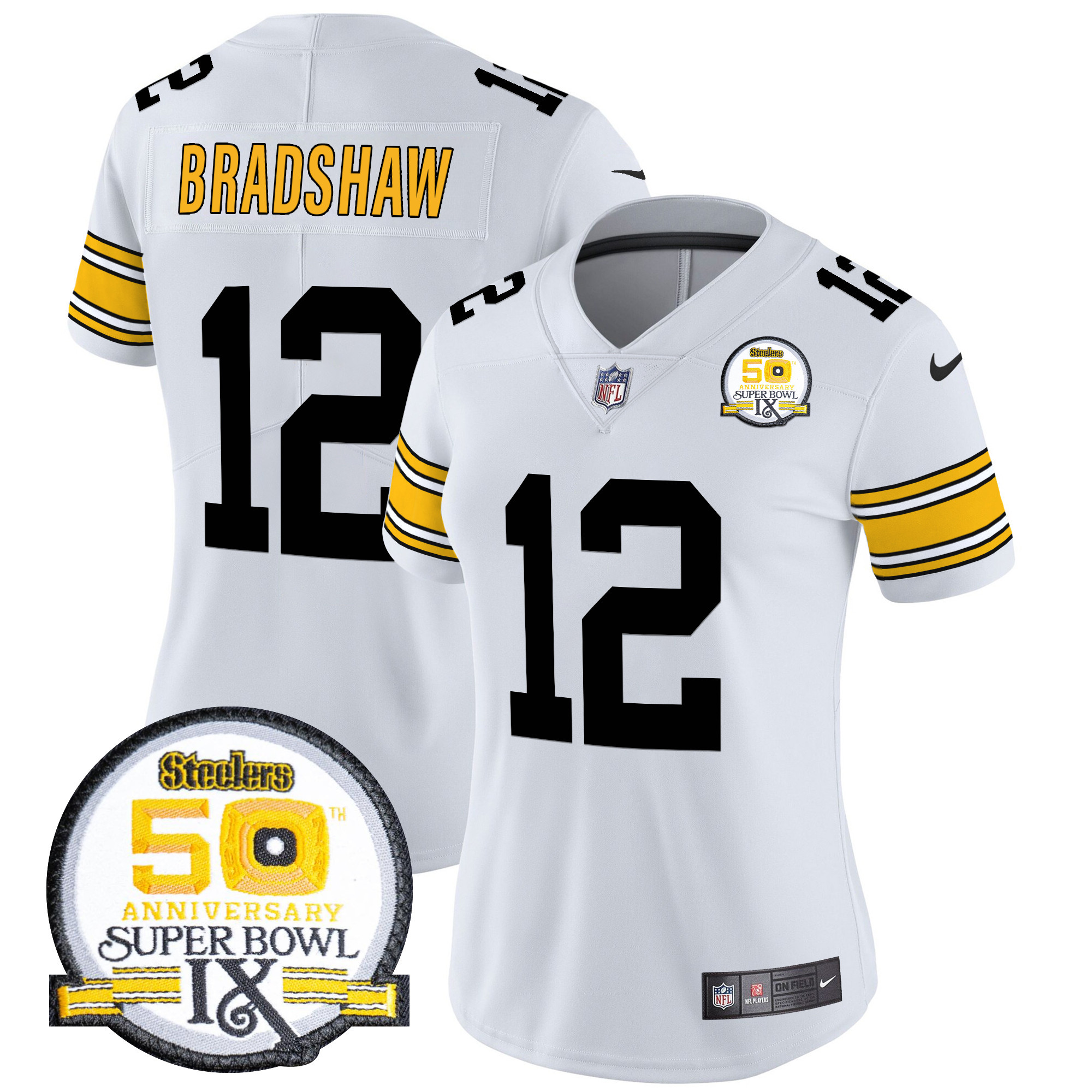 Women's Terry Bradshaw Pittsburgh Steelers 50th Anniversary Of Super Bowl IX Patch Vapor Limited 1975 White Jersey - All Stitched