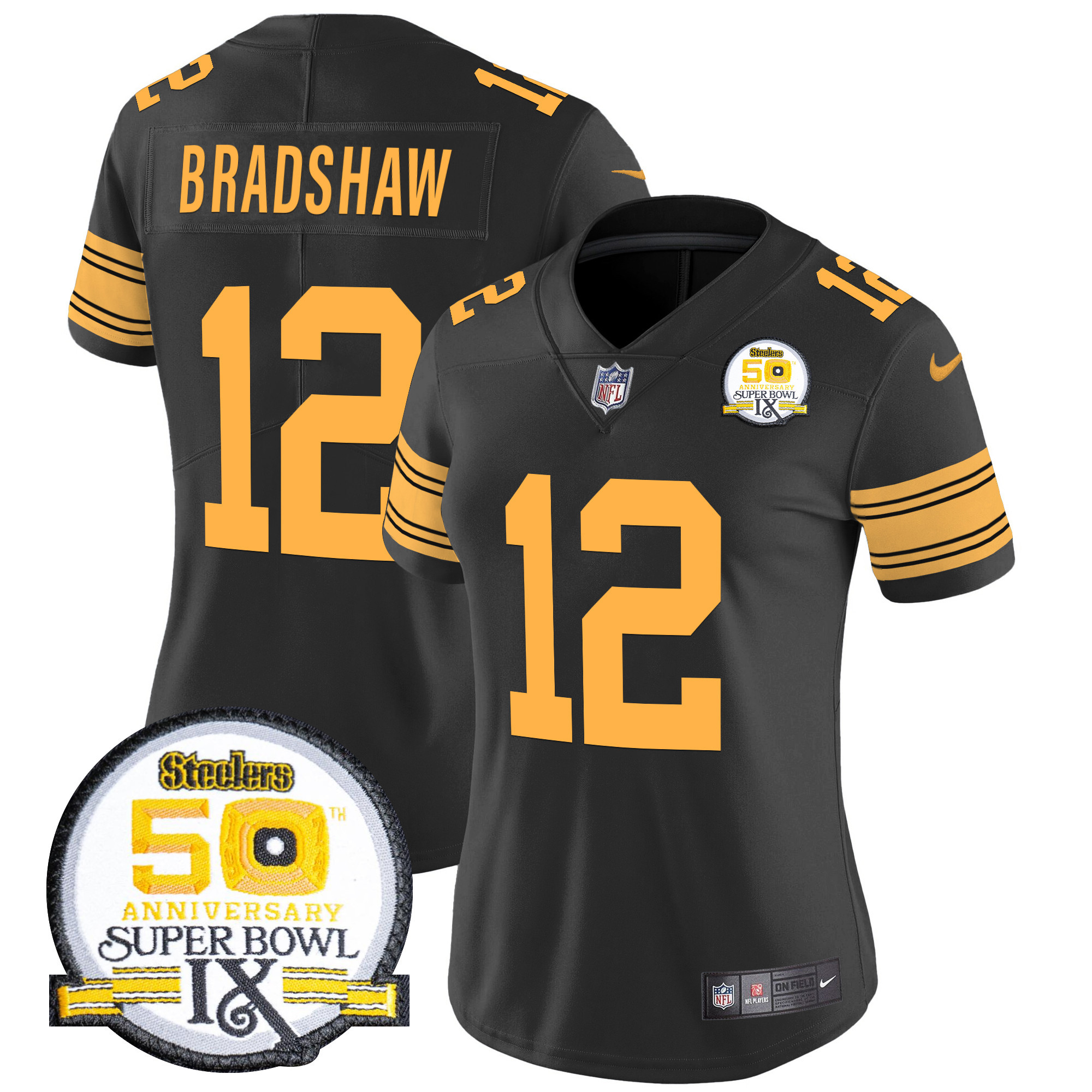 Women's Terry Bradshaw Pittsburgh Steelers 50th Anniversary Of Super Bowl IX Patch Vapor Limited Color Rush Jersey - All Stitched