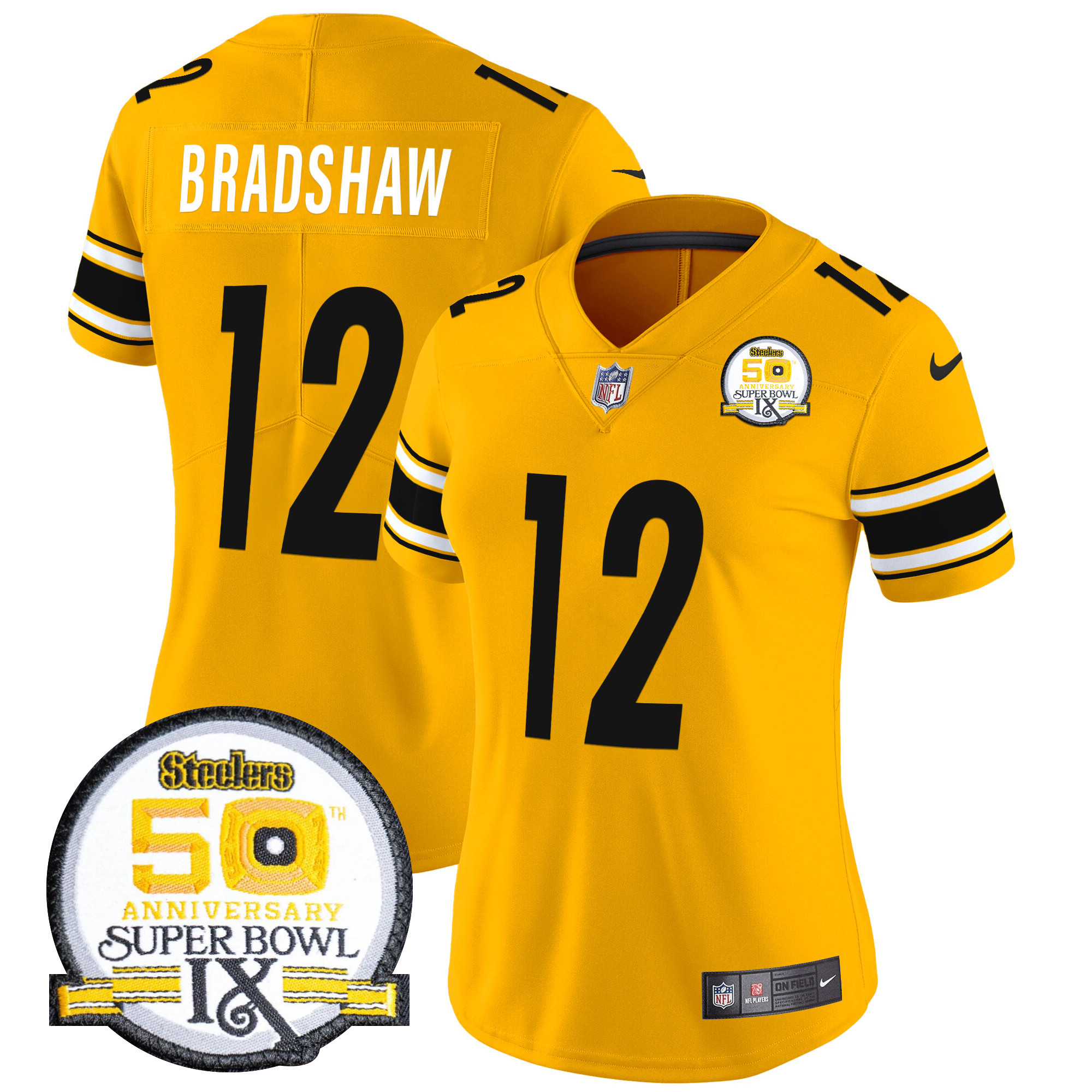 Women's Terry Bradshaw Pittsburgh Steelers 50th Anniversary Of Super Bowl IX Patch Vapor Limited Gold Jersey - All Stitched