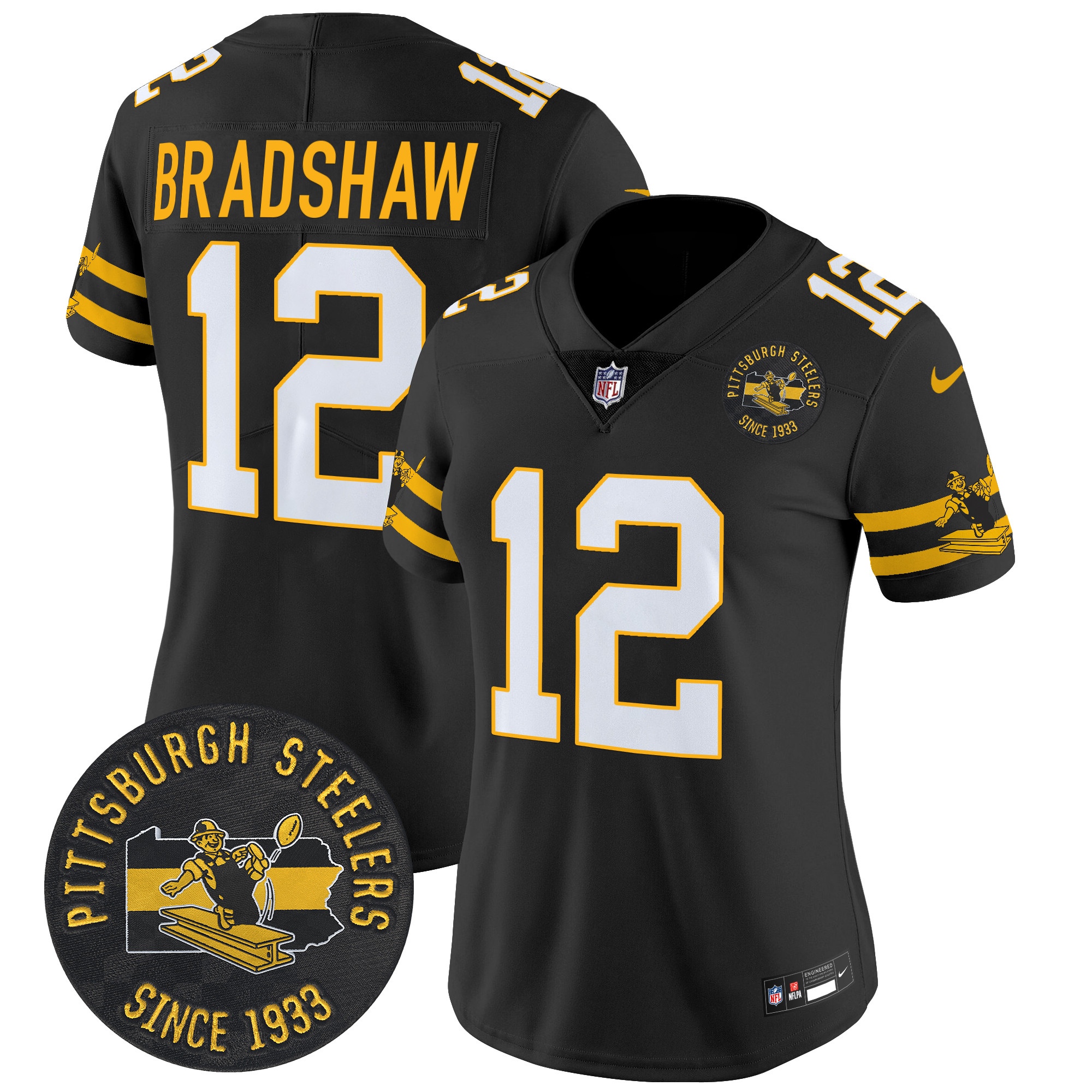 Women's Terry Bradshaw Pittsburgh Steelers Throwback 1933 Patch Vapor Limited Black Jersey - All Stitched